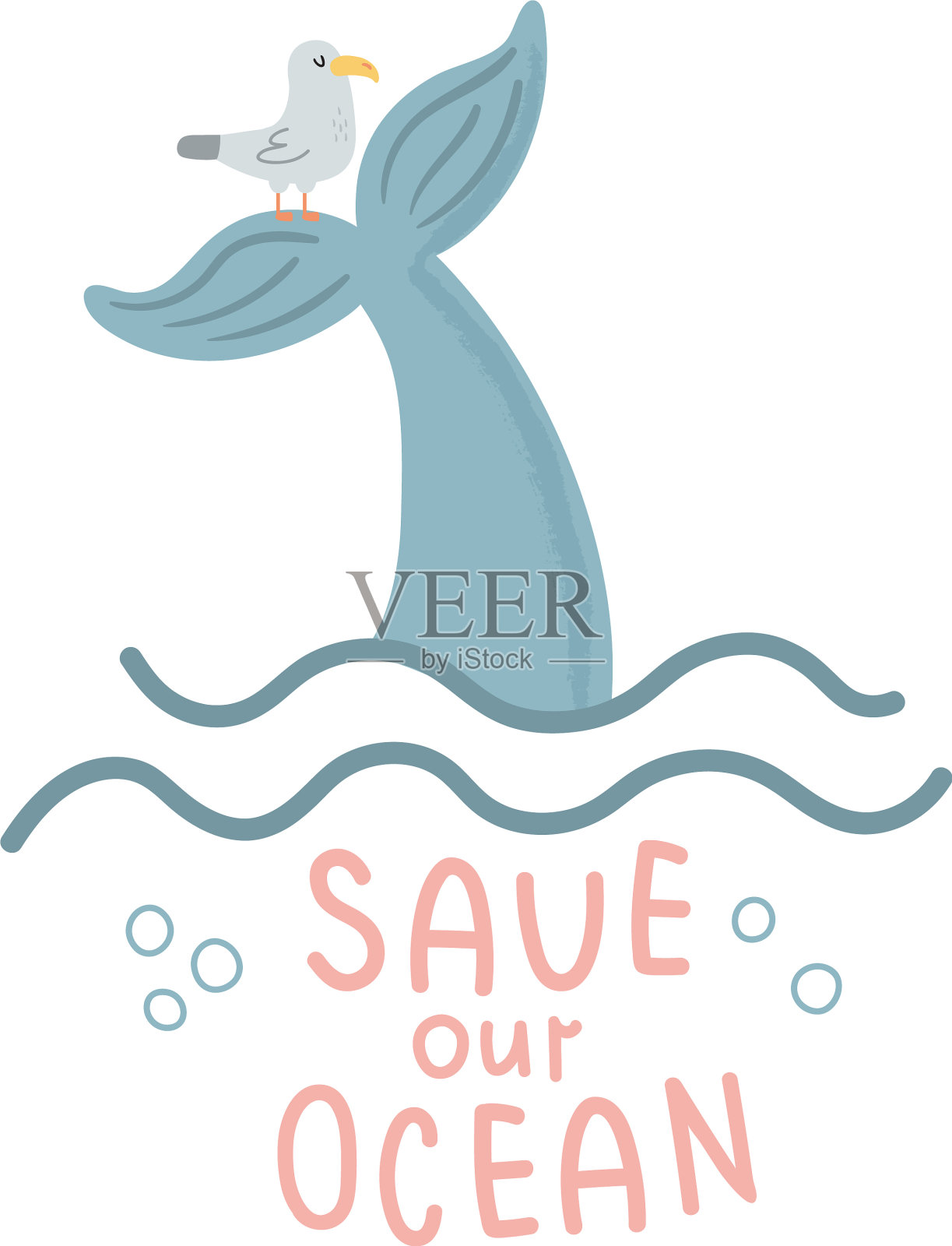 海鸥和鲸鱼插画图片素材