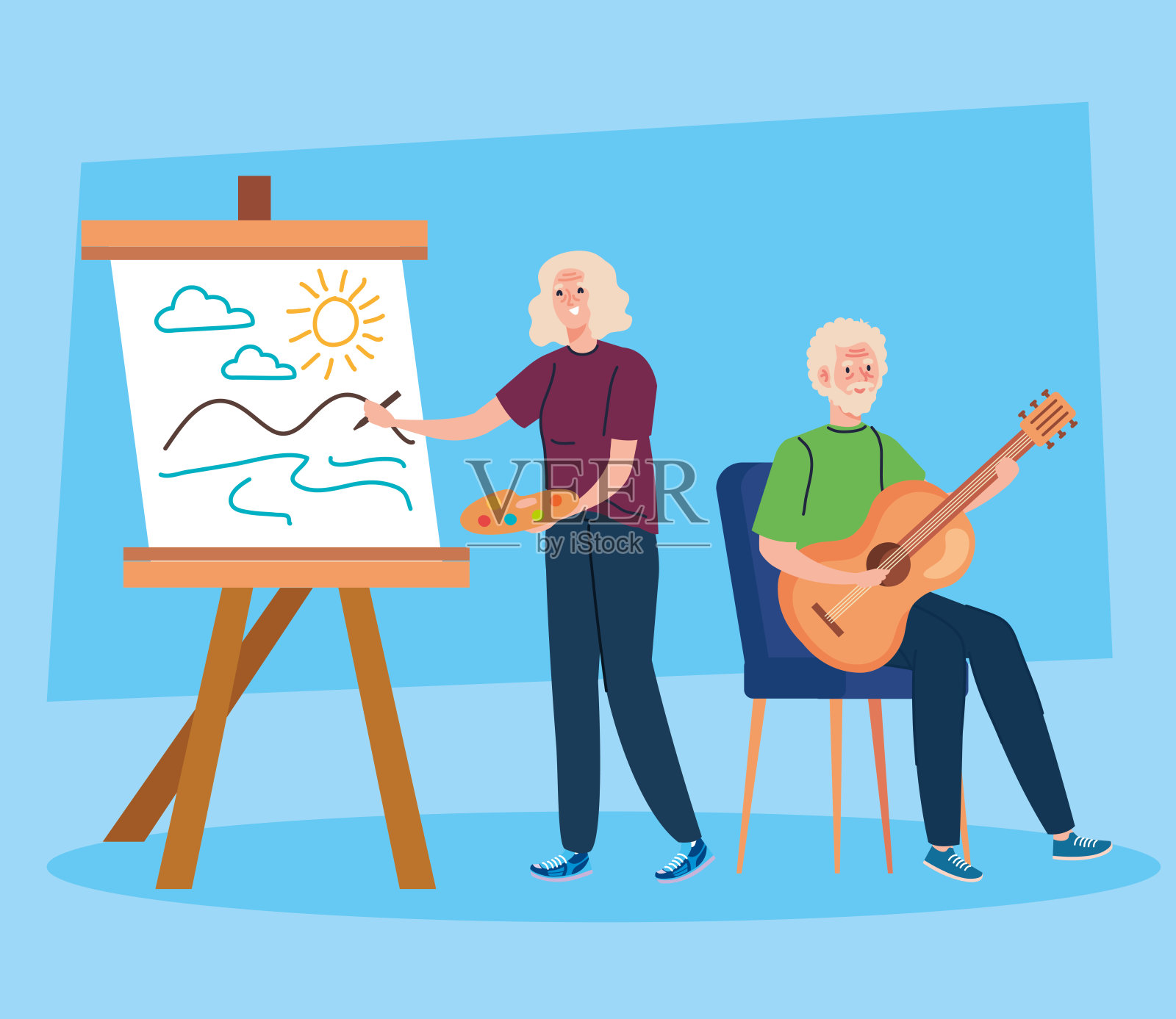 老年夫妇做不同的活动和爱好插画图片素材