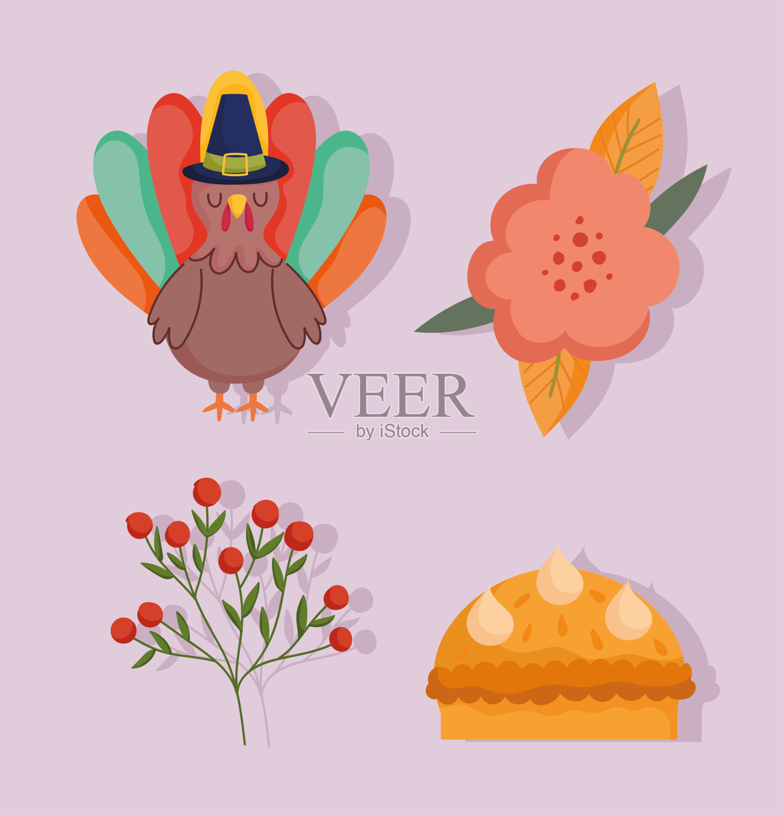 感恩节快乐，火鸡花蛋糕，浆果树枝插画图片素材