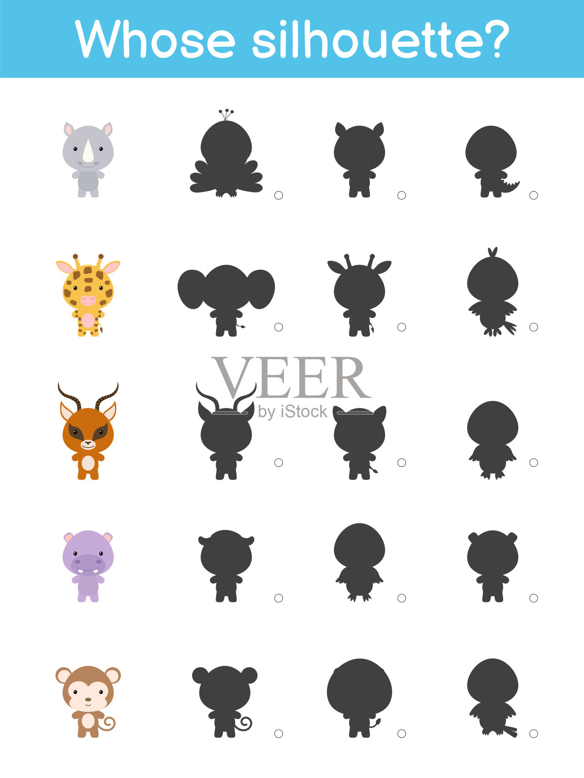 谁的剪影游戏模板。儿童与非洲卡通动物的匹配游戏。孩子活动页面。教育发展工作表。逻辑思维训练。矢量插图。插画图片素材