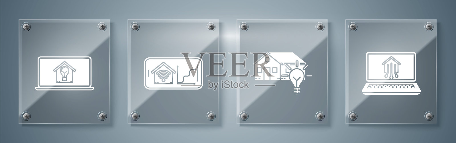 将笔记本电脑与智能家居、智能家居与灯泡、手机与智能家居与wi-fi、笔记本电脑与智能家居与灯泡相结合。方形玻璃面板。向量插画图片素材