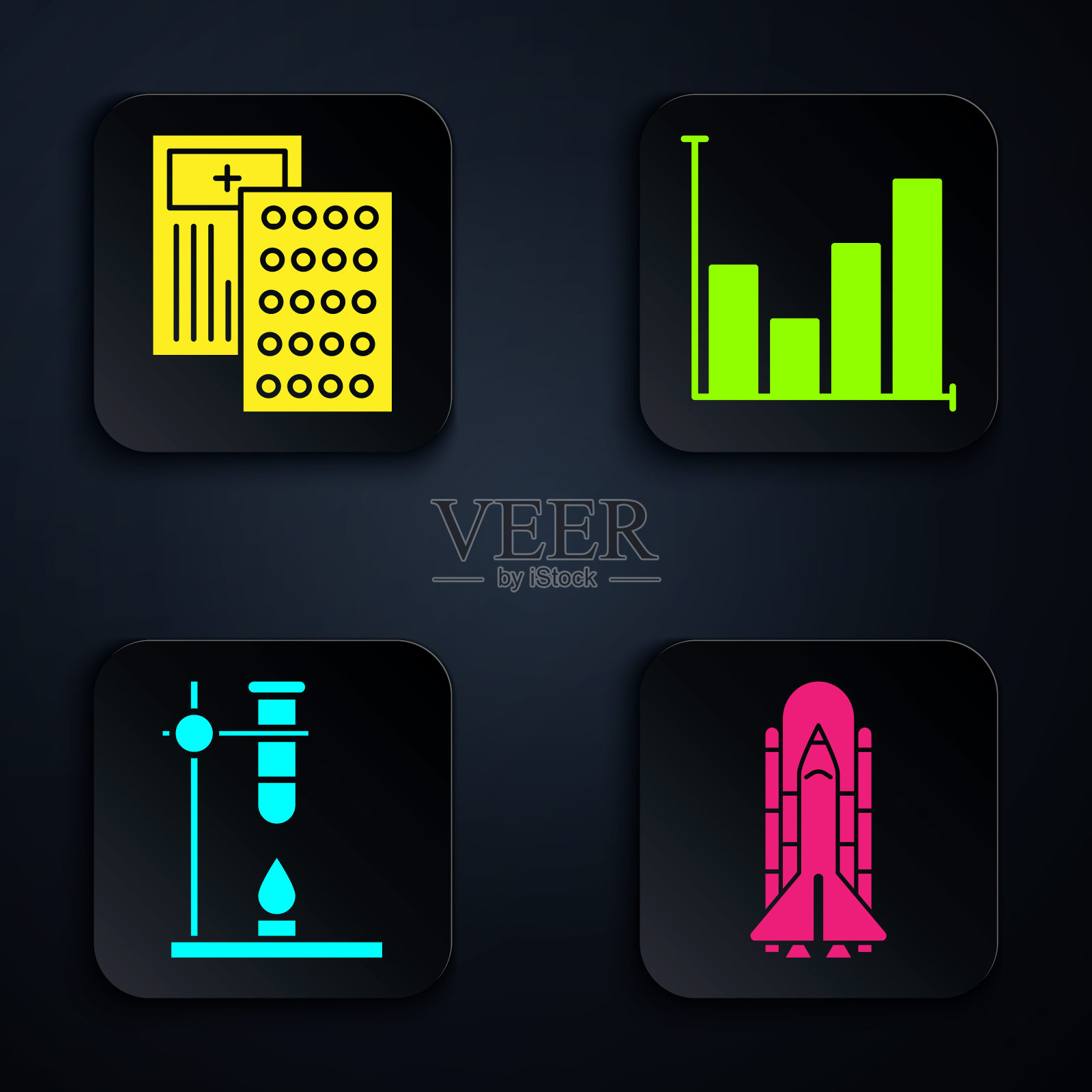 设置航天飞机和火箭，丸在吸塑包装，玻璃试管烧瓶在火加热器和饼图信息图表。黑色方形按钮。向量图标素材