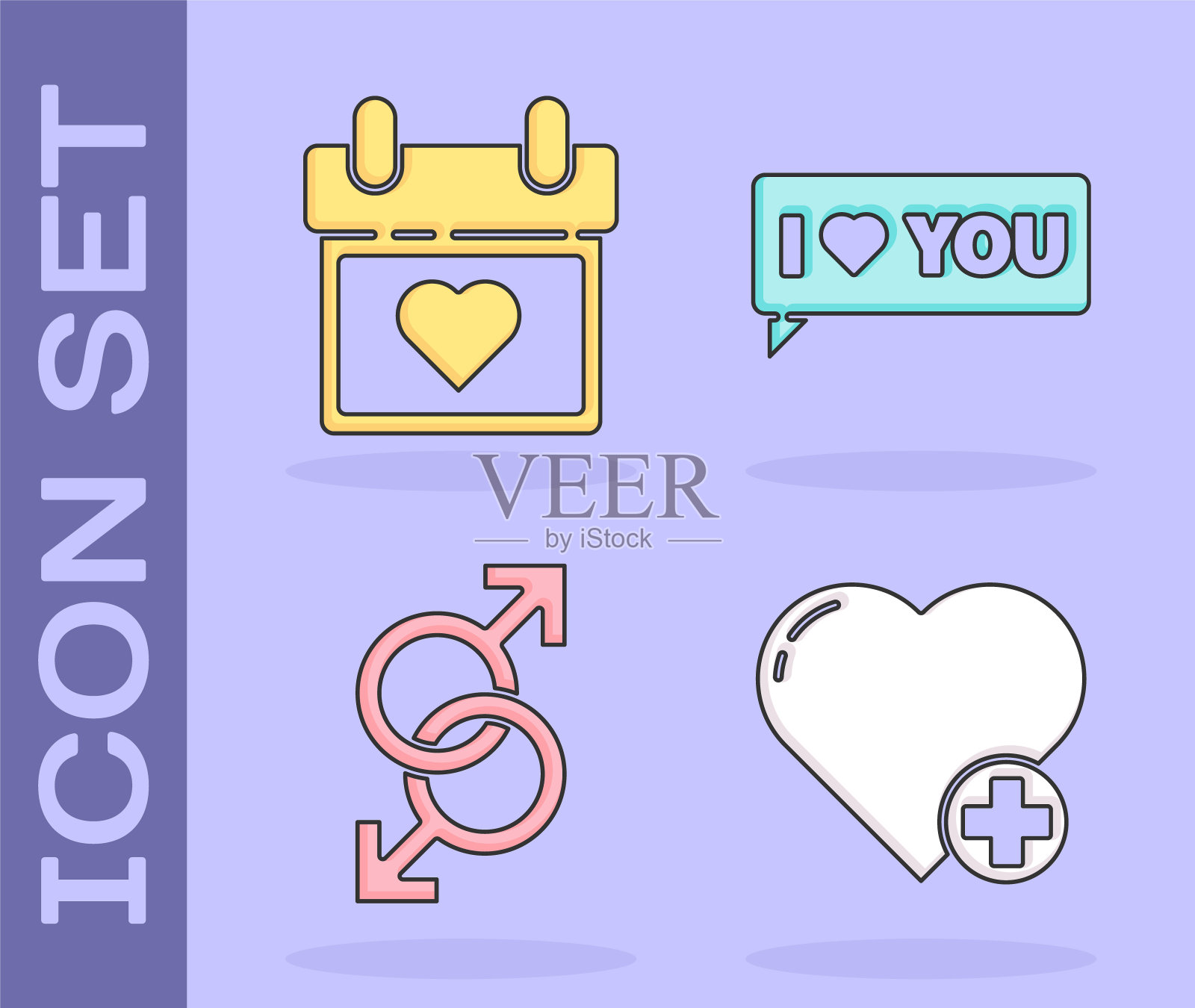 Set Heart, Calendar with Heart, Male gender symbol and Speech bubble with I love you图标。向量图标素材