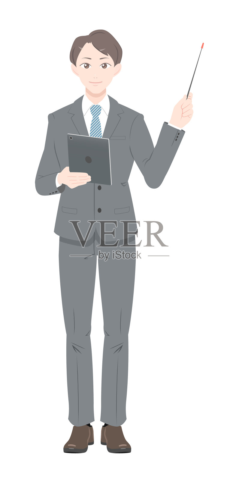 一个穿着西装拿着指导棒的男人的插图。白色背景。插画图片素材