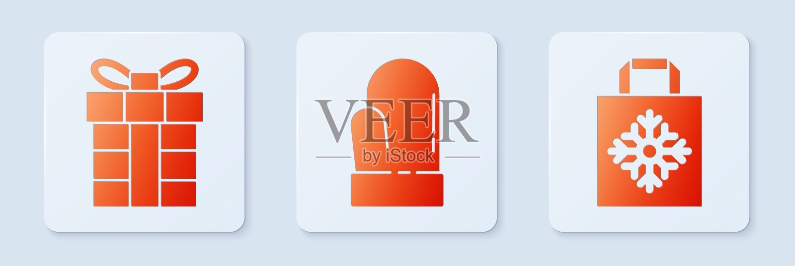 集圣诞手套，礼品盒和圣诞纸袋。白色正方形按钮。向量设计元素图片