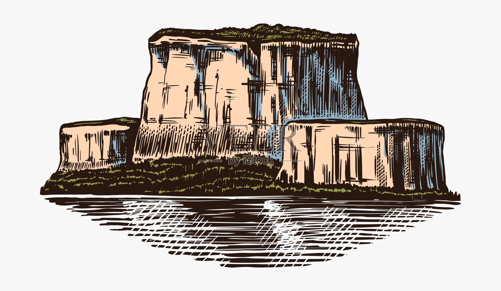 山峰，古老的岩石，古老的高地。手绘矢量户外素描雕刻风格。矢量插图为远足卡，攀登旗帜，纹身或标签插画图片素材