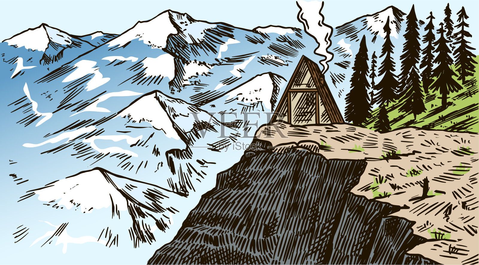 山景观背景。冬季高山的山峰和小屋。葡萄山和山谷。旅行的概念。户外海报、登山横幅、标志或徽章的手绘雕刻草图插画图片素材