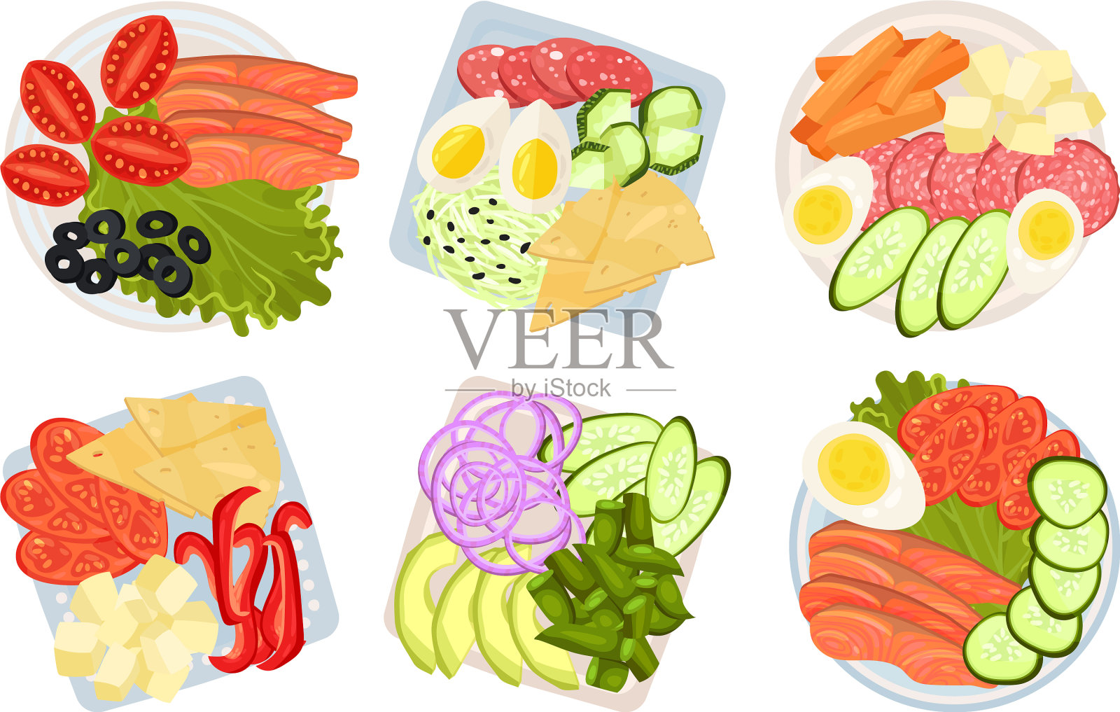 切好的蔬菜、肉和奶酪端上来插画图片素材