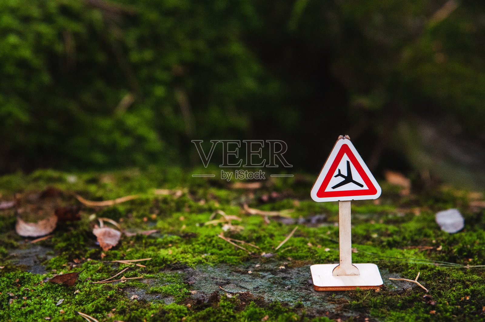 路标“谨慎!“低空飞行的飞机”在一个布满苔藓和深红树叶的秋天的一天。照片摄影图片