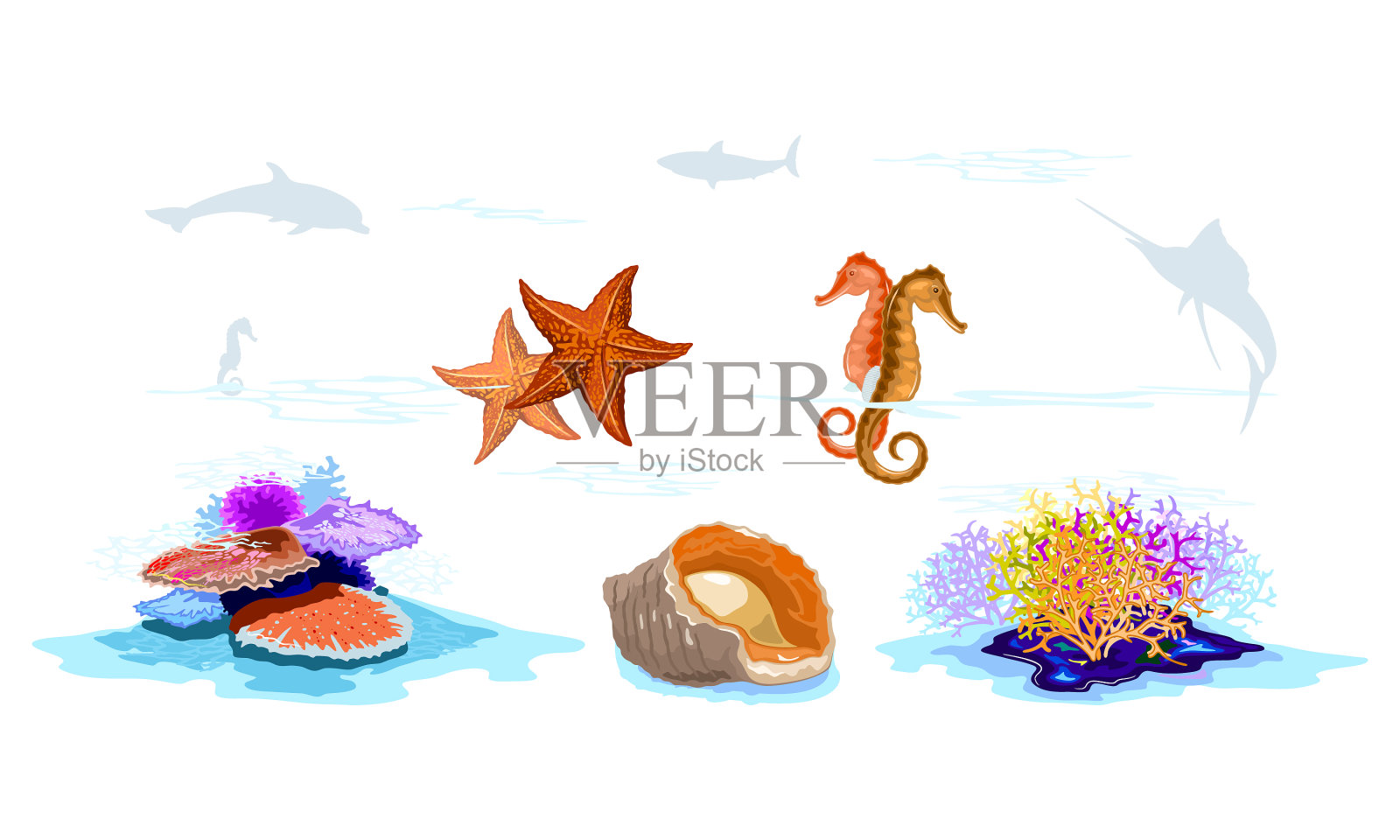 珊瑚礁，海星，海马，脉拉帕插画图片素材