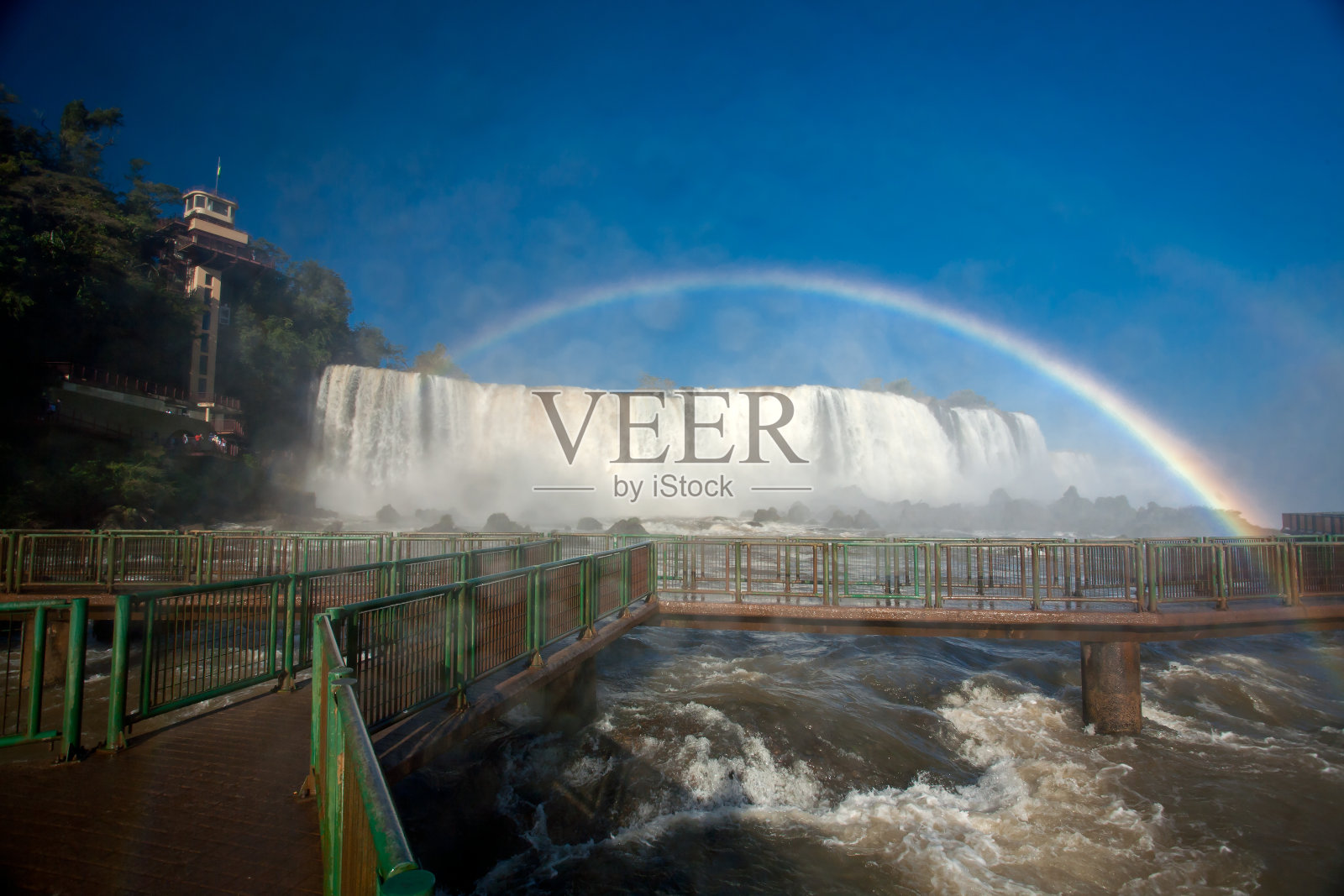 湿镜头-伊瓜苏瀑布国家公园的人行桥和彩虹照片摄影图片