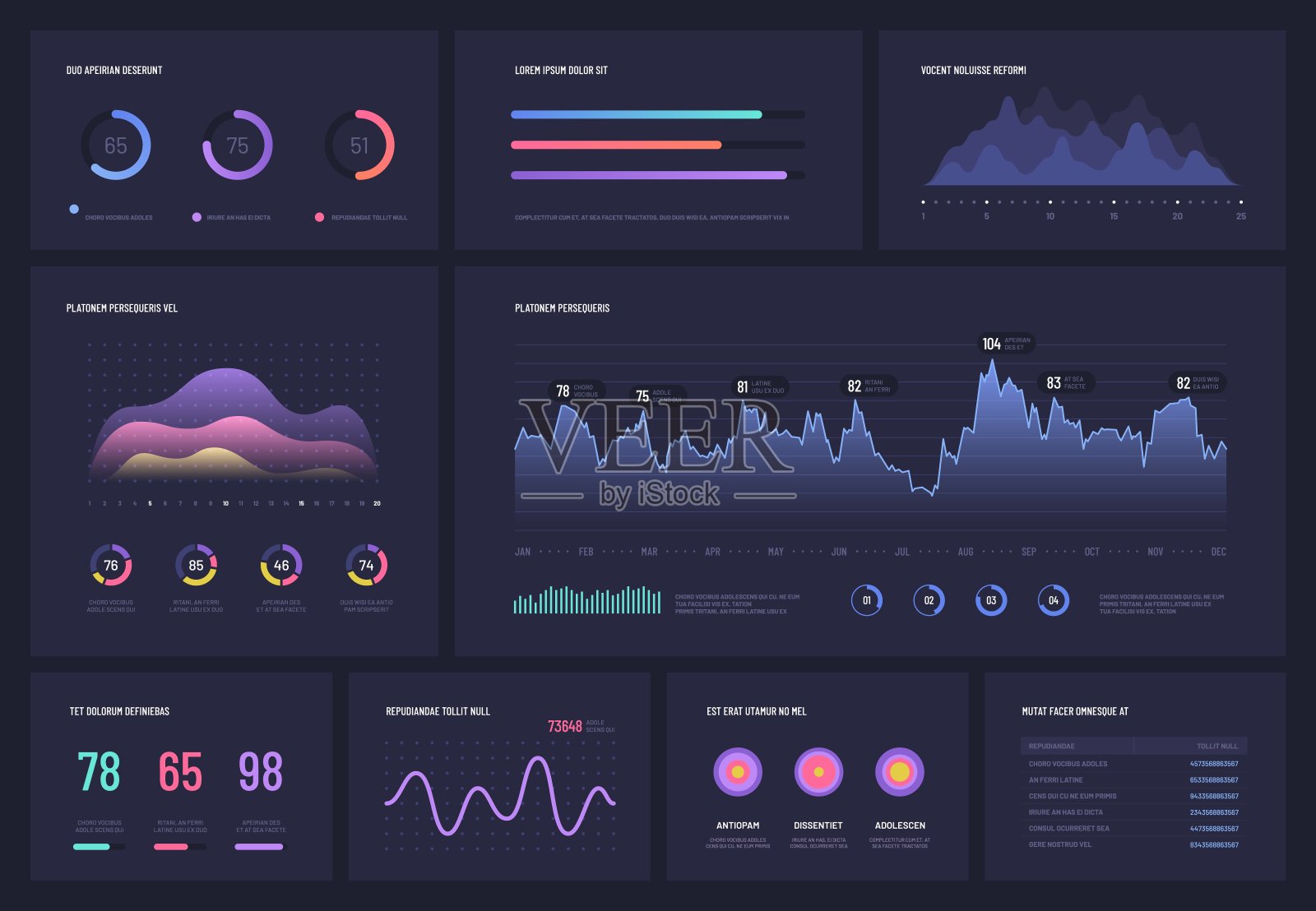 图表上的黑暗。多用途经济图营销图，饼图，条形图和流程图信息图矢量项目插画图片素材