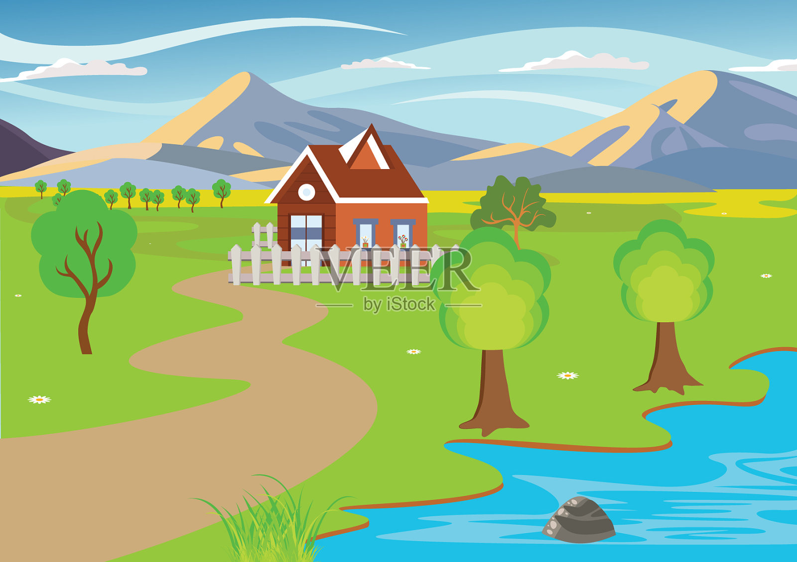 农舍在青山上，夏日田园景观插画图片素材