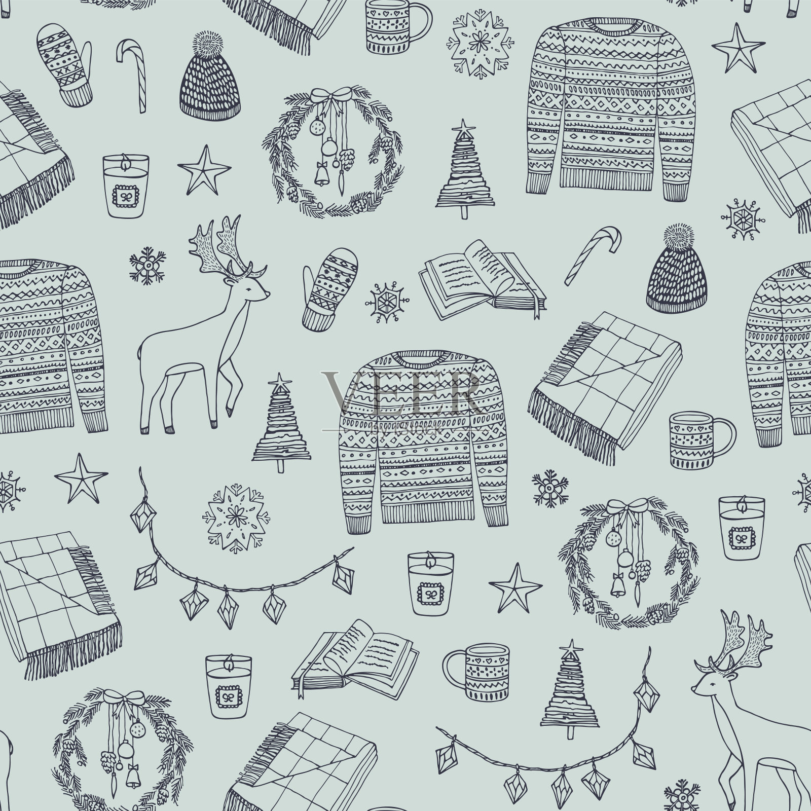 冬季圣诞无缝手绘矢量图案。插画图片素材