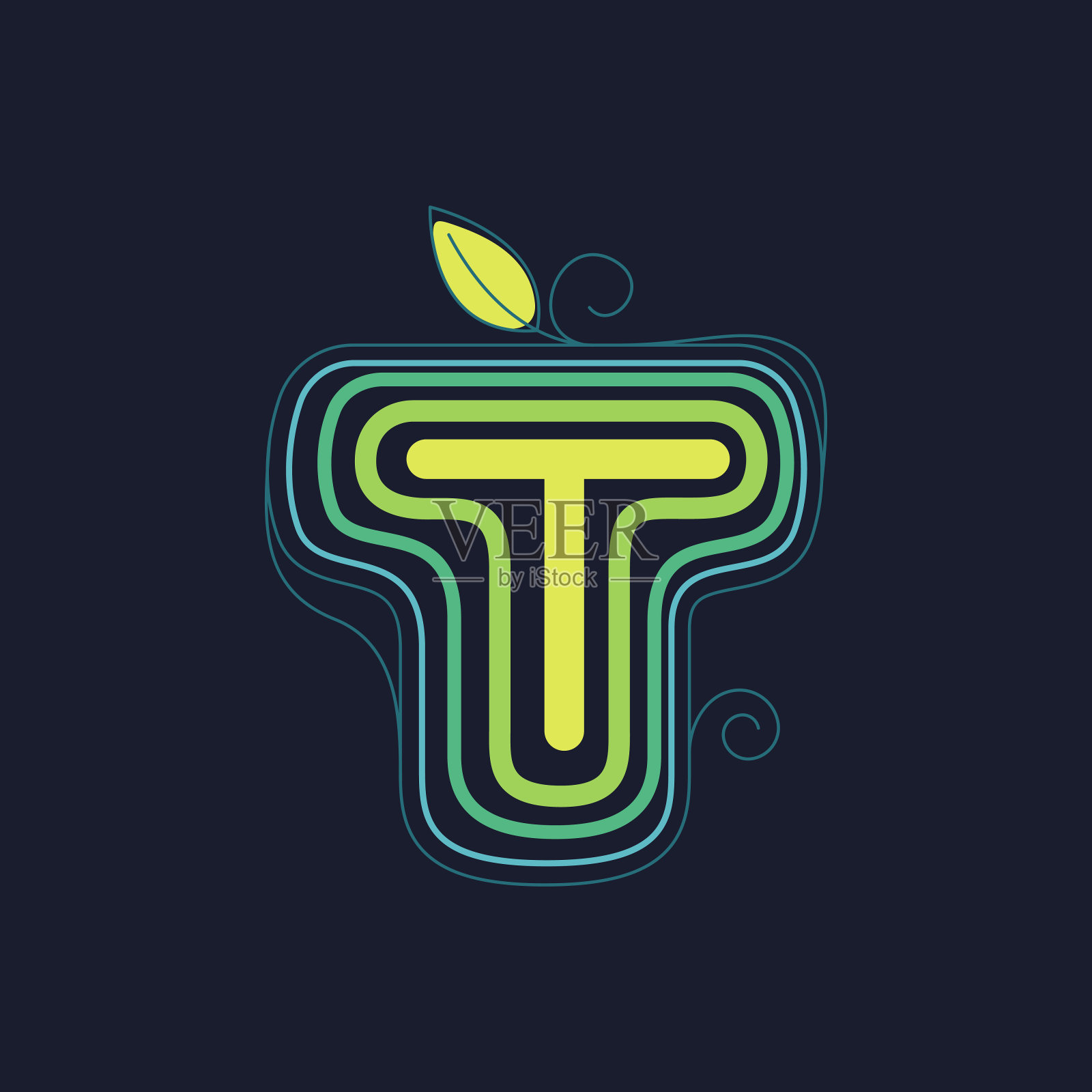 绿色线条的T字标志带有漩涡花瓣和叶子。插画图片素材