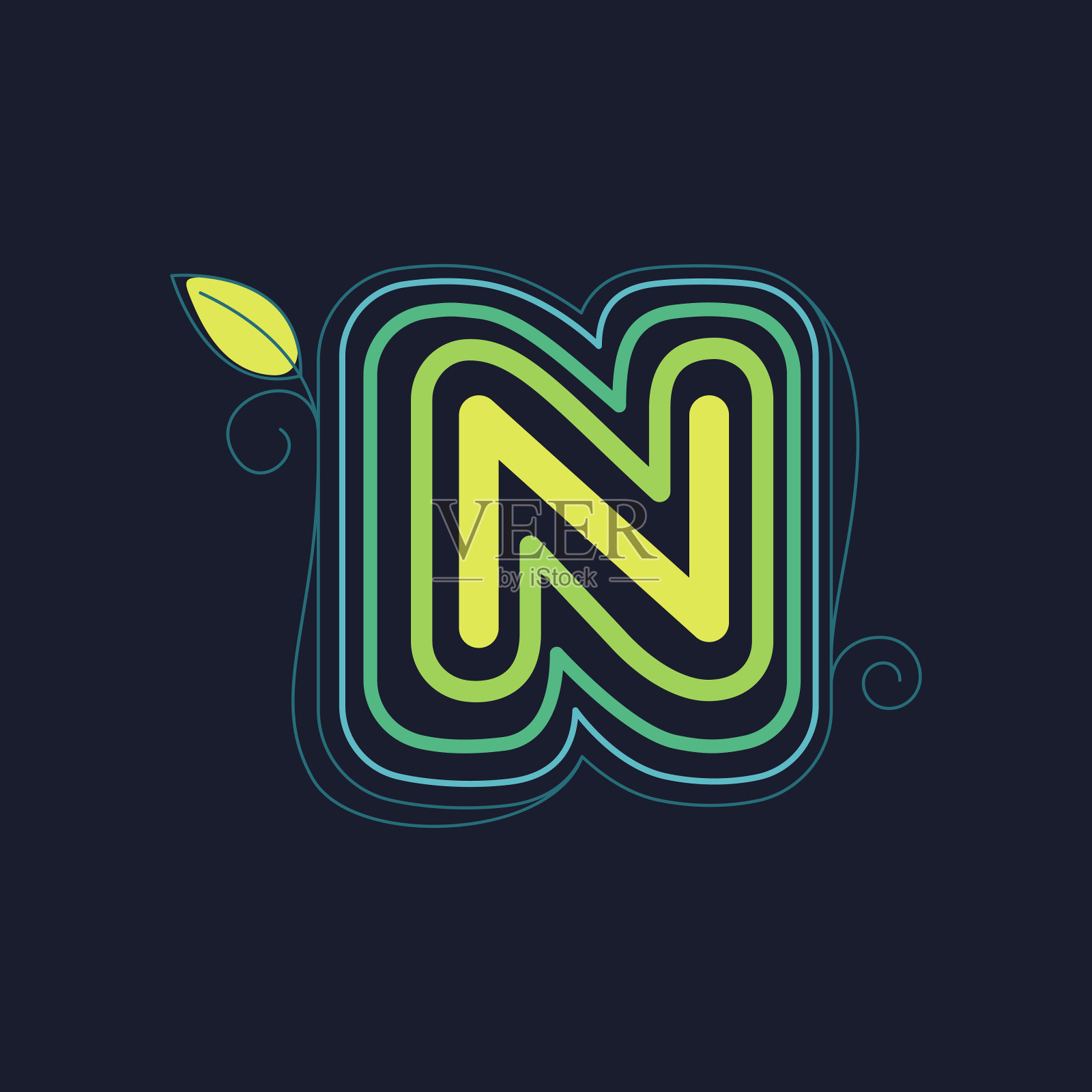 绿色线N字母标志与漩涡花瓣和叶子。设计元素图片