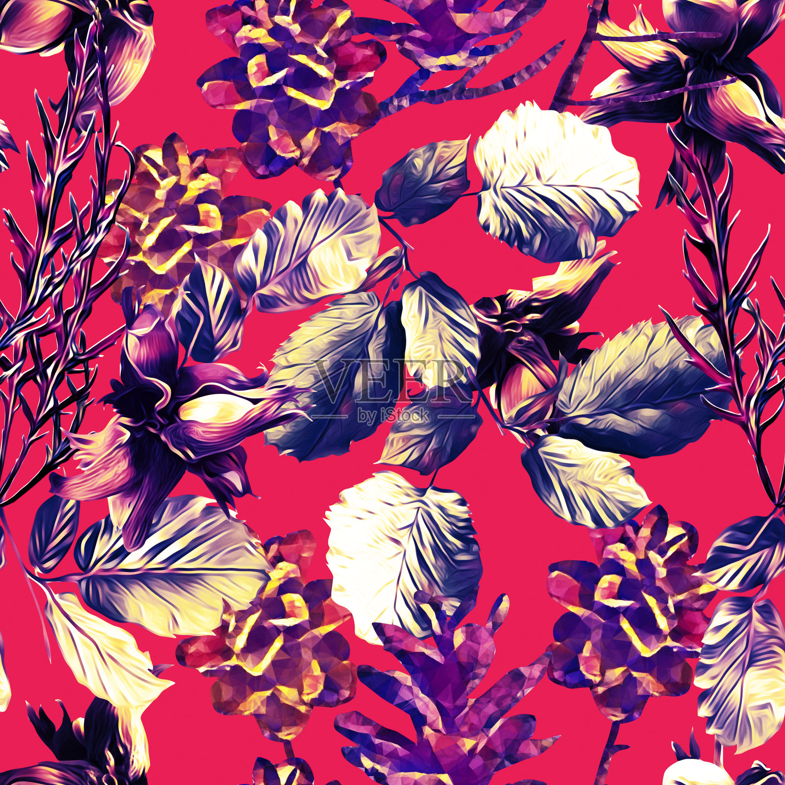 秋季以松果、松叶和果仁组成，图案无缝。插画图片素材