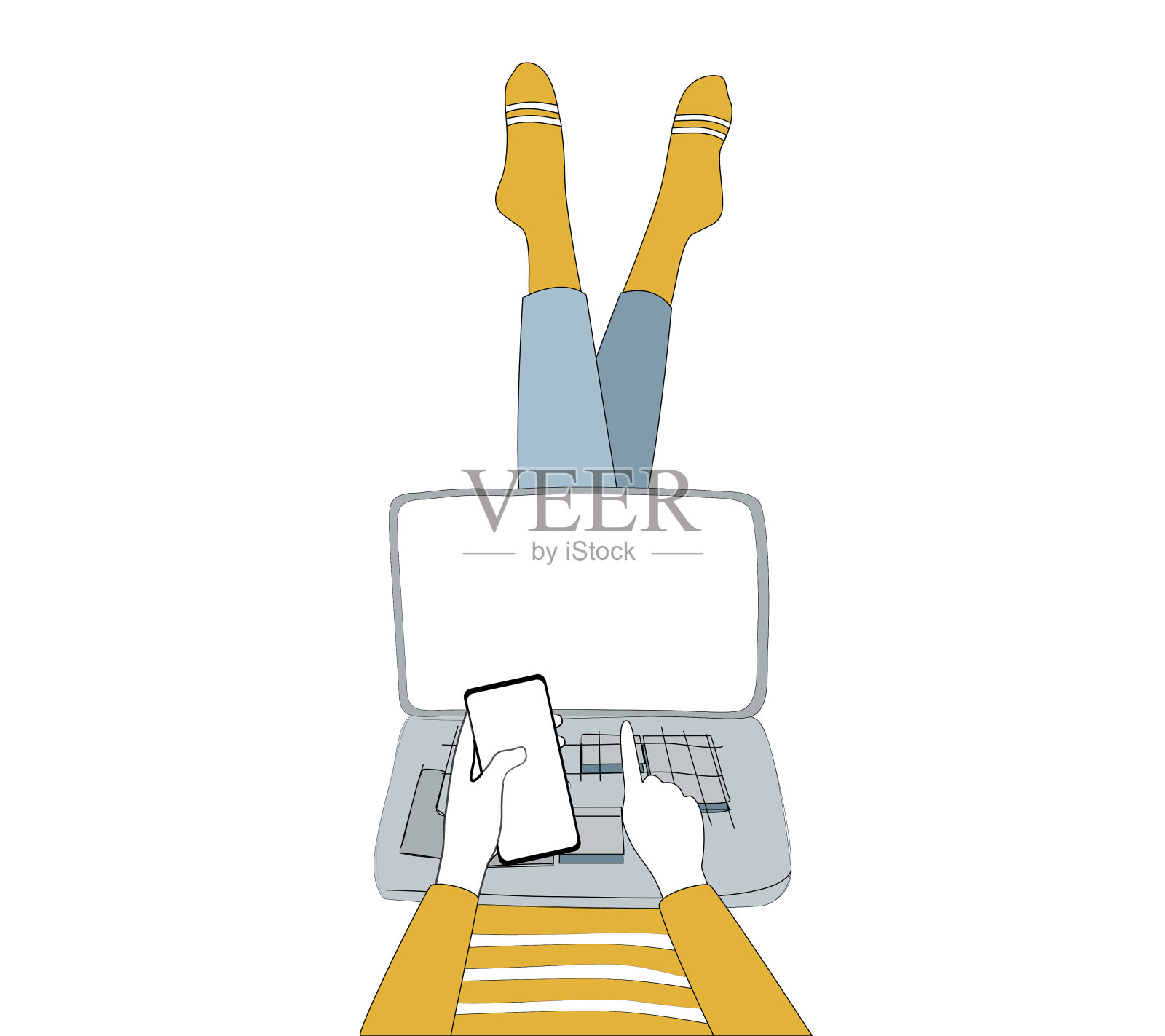 一个使用笔记本电脑和智能手机的人。插画图片素材