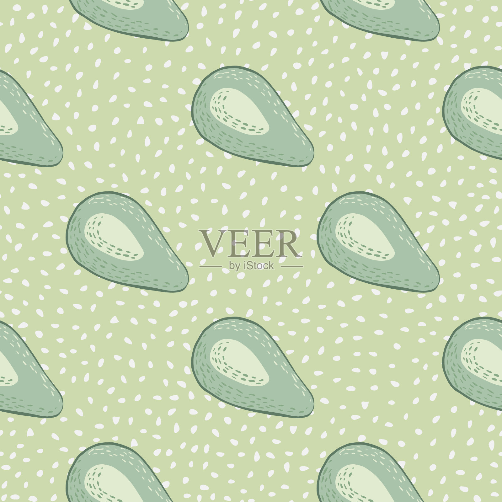 无缝的苍白图案与鳄梨水果的轮廓。在虚线背景上的对角原始装饰。食物背景以绿色调。插画图片素材
