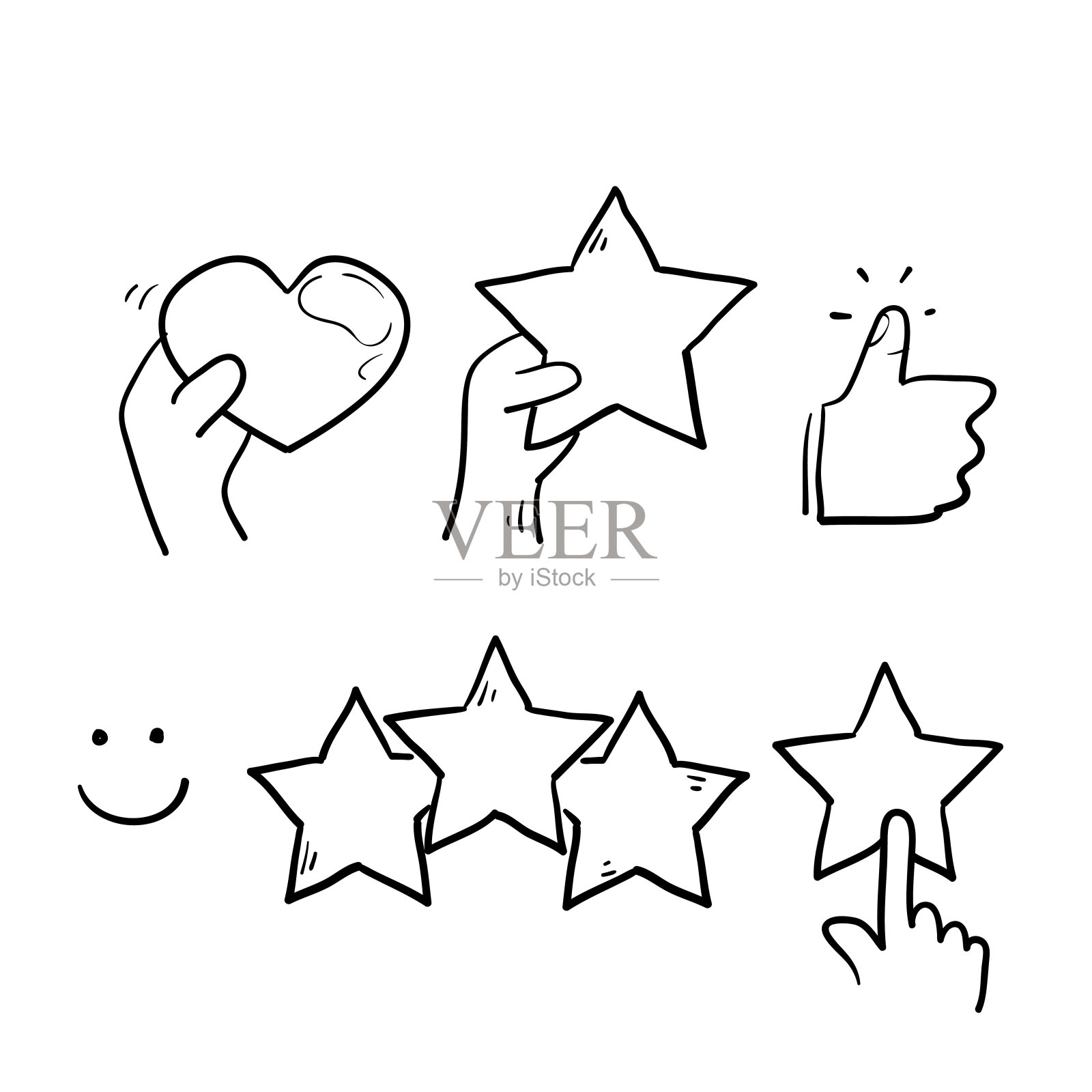 手绘简单的一组客户满意度相关的矢量线图标。与涂鸦风格矢量隔离图标素材