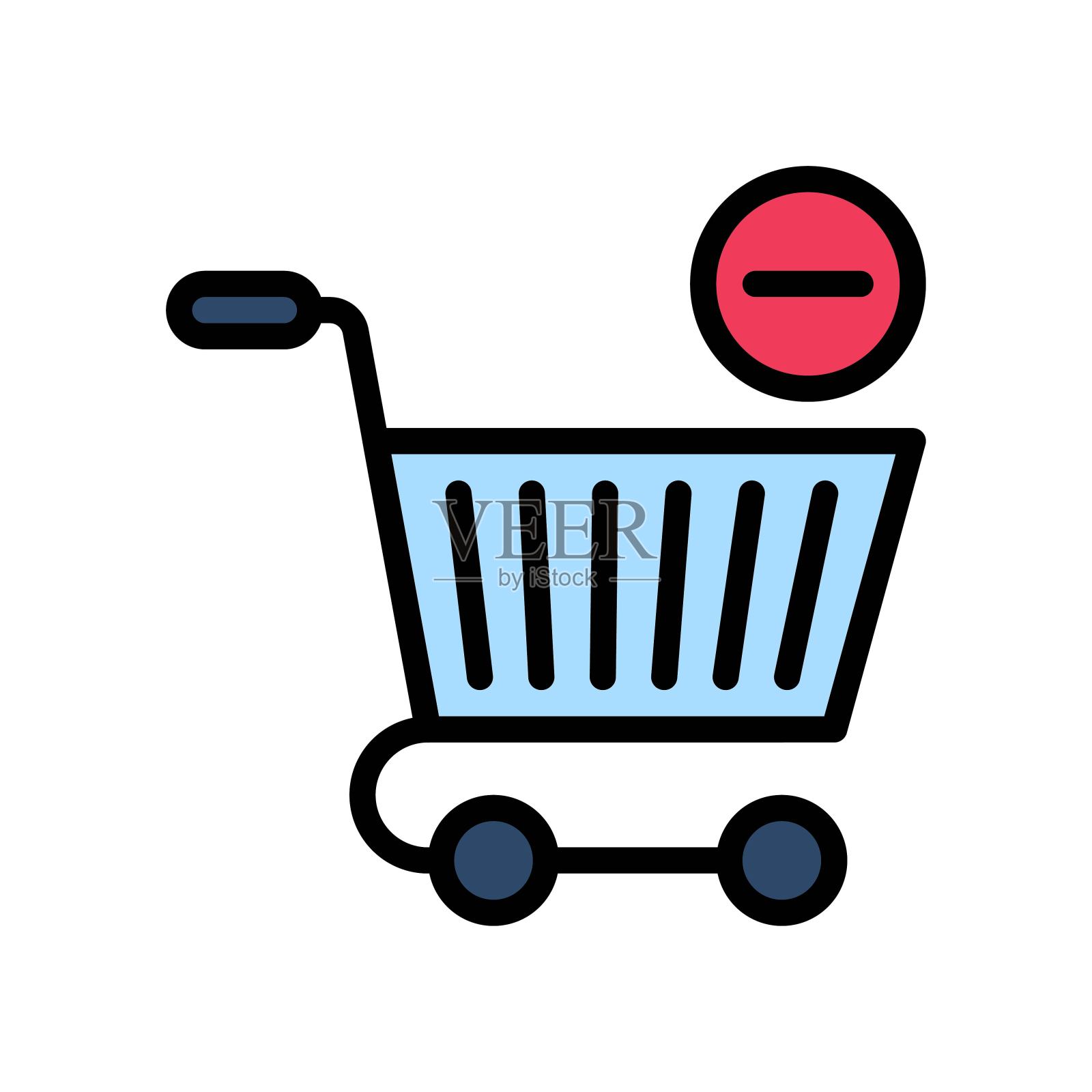 晚餐市场或网上购物相关的购物手推车，有手柄和负号向量，可编辑的笔划，设计元素图片