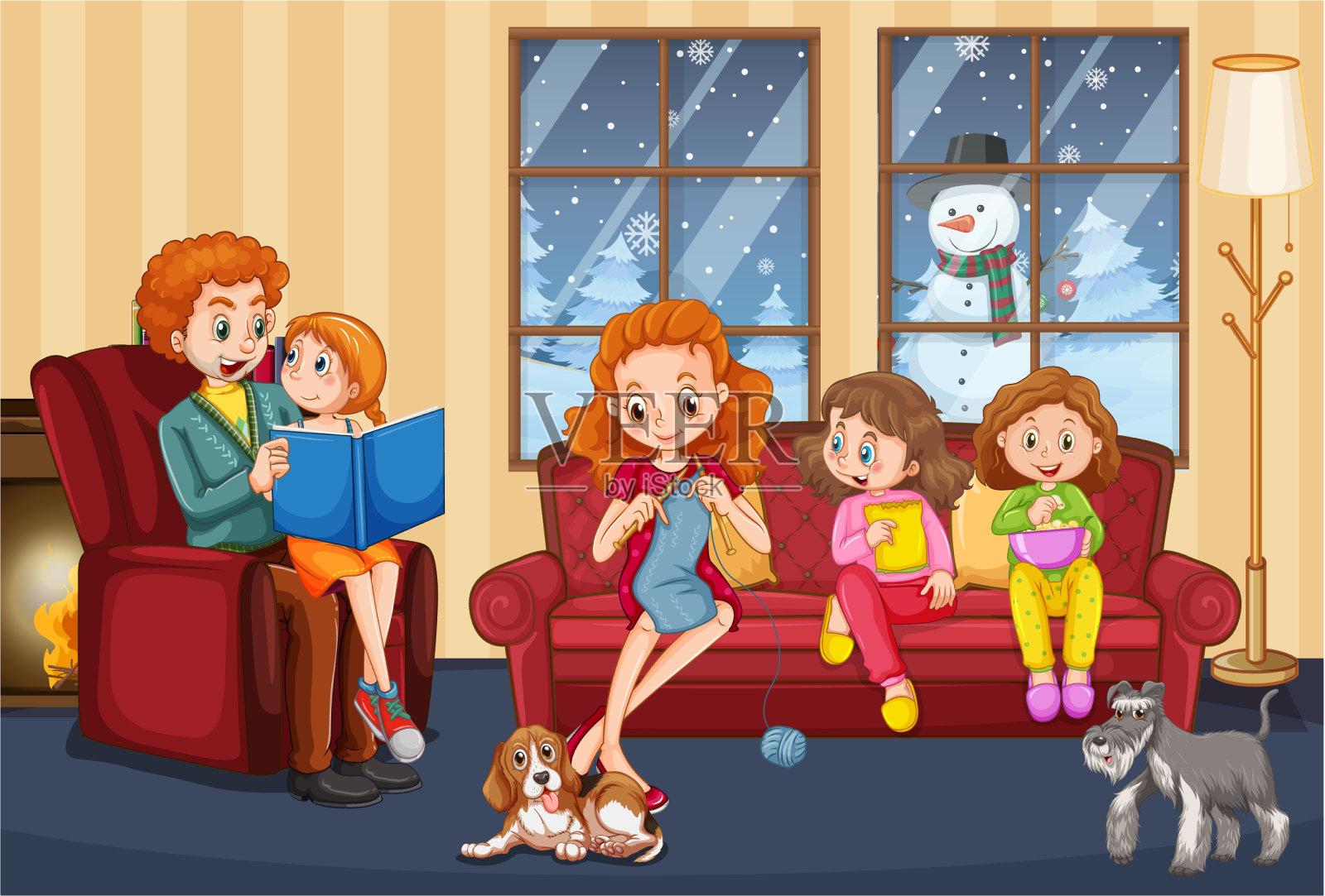 家人在家里玩得很开心的场景插画图片素材