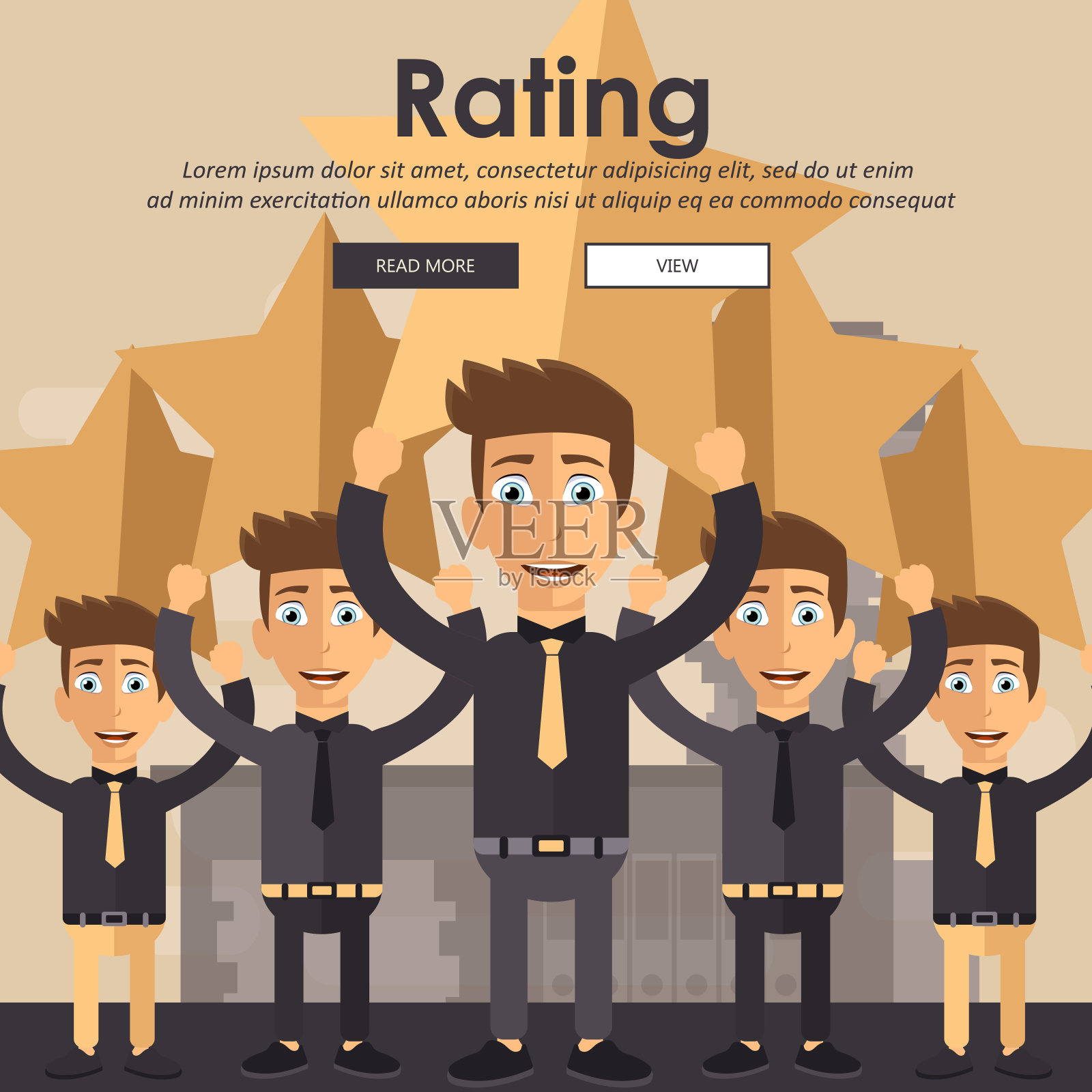 反馈、奖状信息和通知的概念。对客户服务的评价说明。五颗大星，有人拿着。平面向量插画图片素材