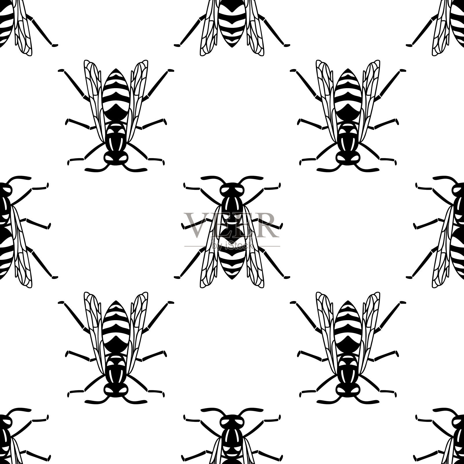 黑色黄蜂的无缝图案在黄色背景上。插画图片素材