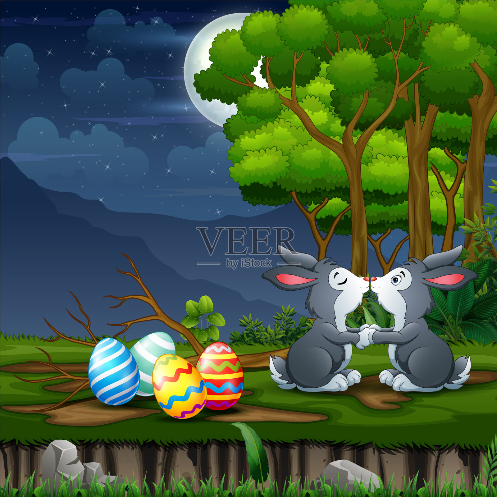 复活节兔子们亲吻着周围的复活节彩蛋插画图片素材