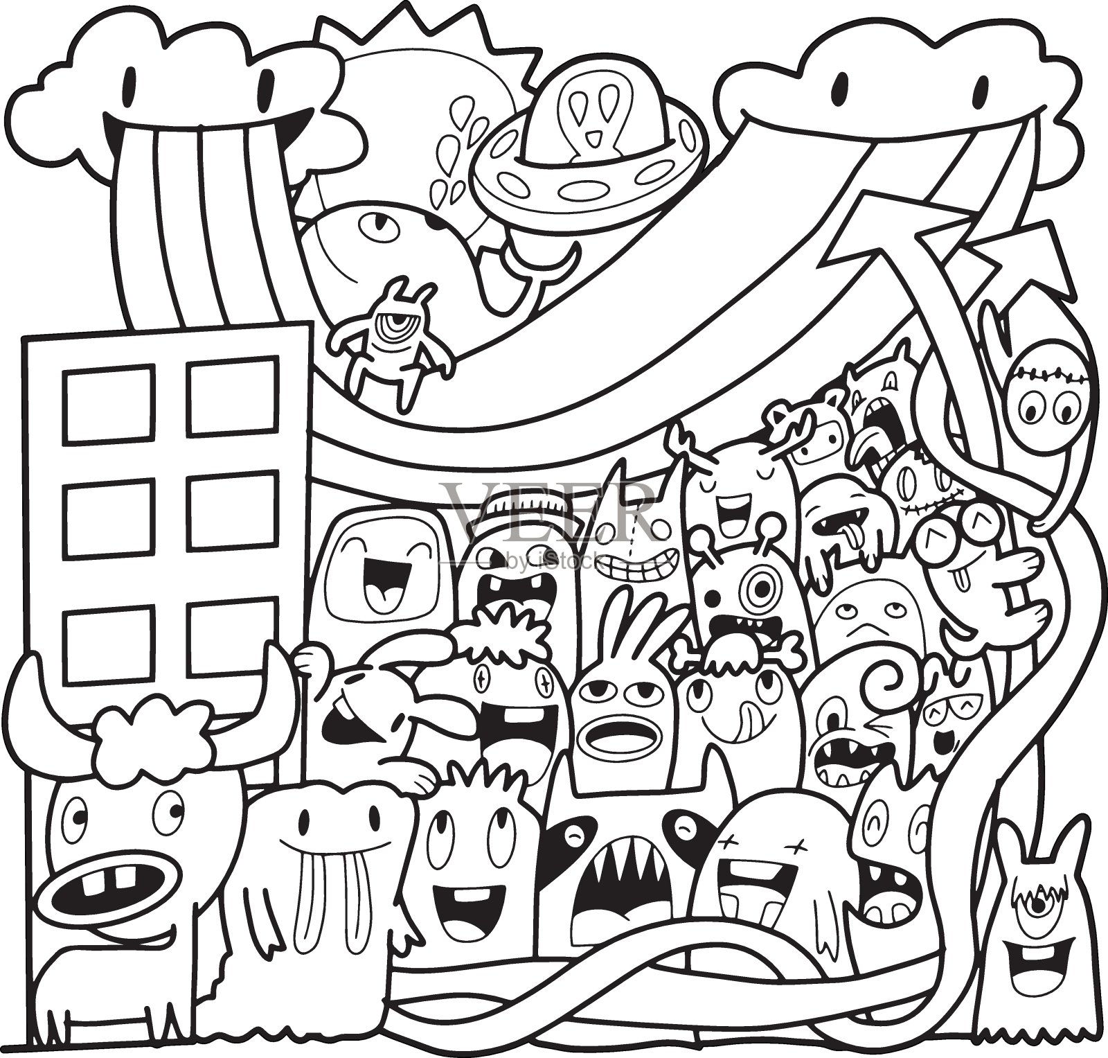 一套有趣可爱的怪物，外星人或有翅膀的幻想动物儿童着色书或时尚。手绘。线条艺术卡通矢量插图。插画图片素材