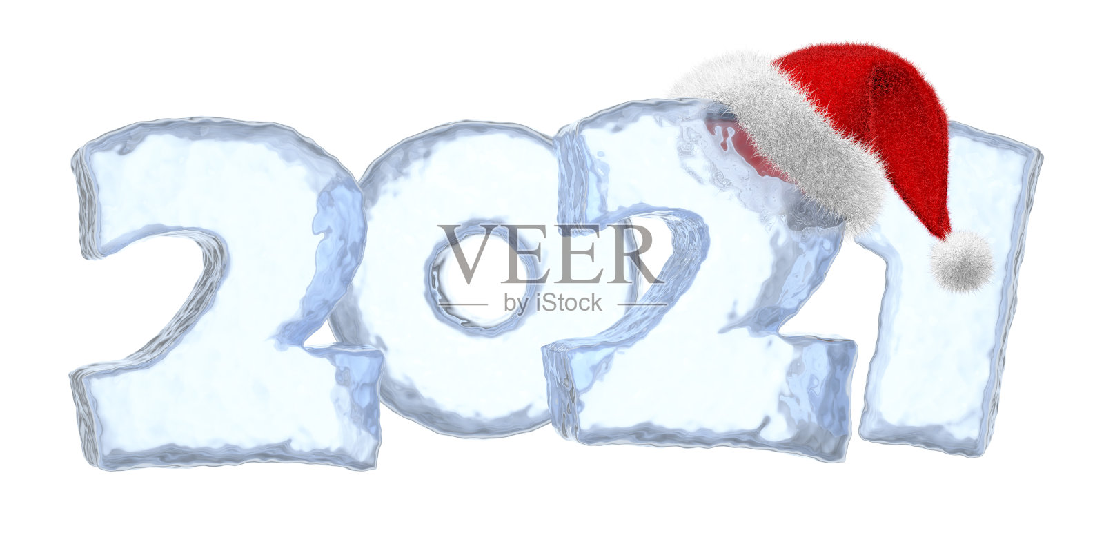 2021年新年蓝色冰文字与蓬松的红色帽子照片摄影图片