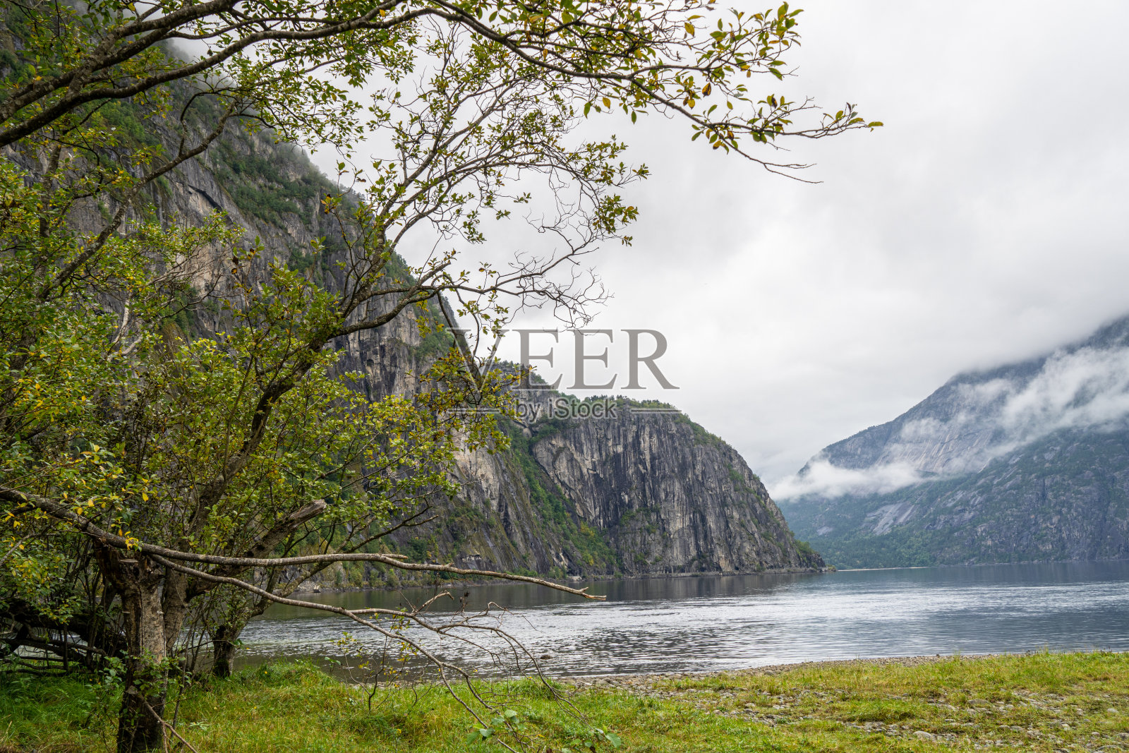Eidfjordvatnet湖上的峡湾，位于挪威Eidfjord市Øvre Eidfjord村(Ovre Eidfjord)照片摄影图片