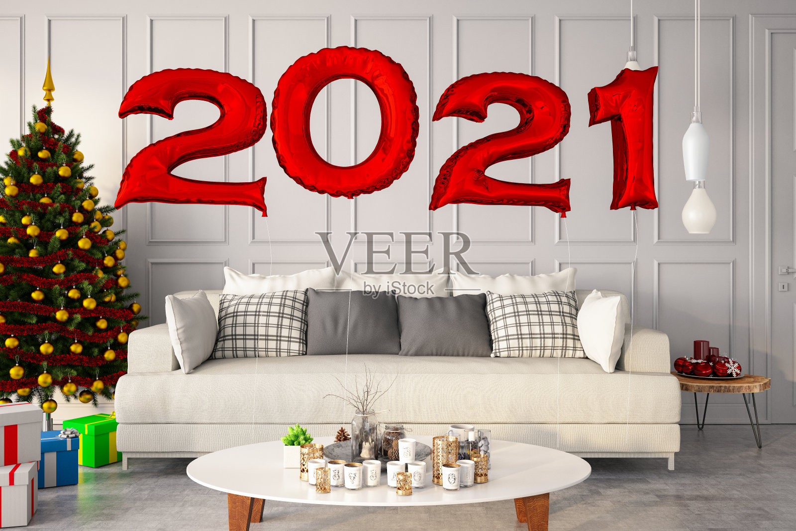 客厅里的2021个气球。新年的概念照片摄影图片