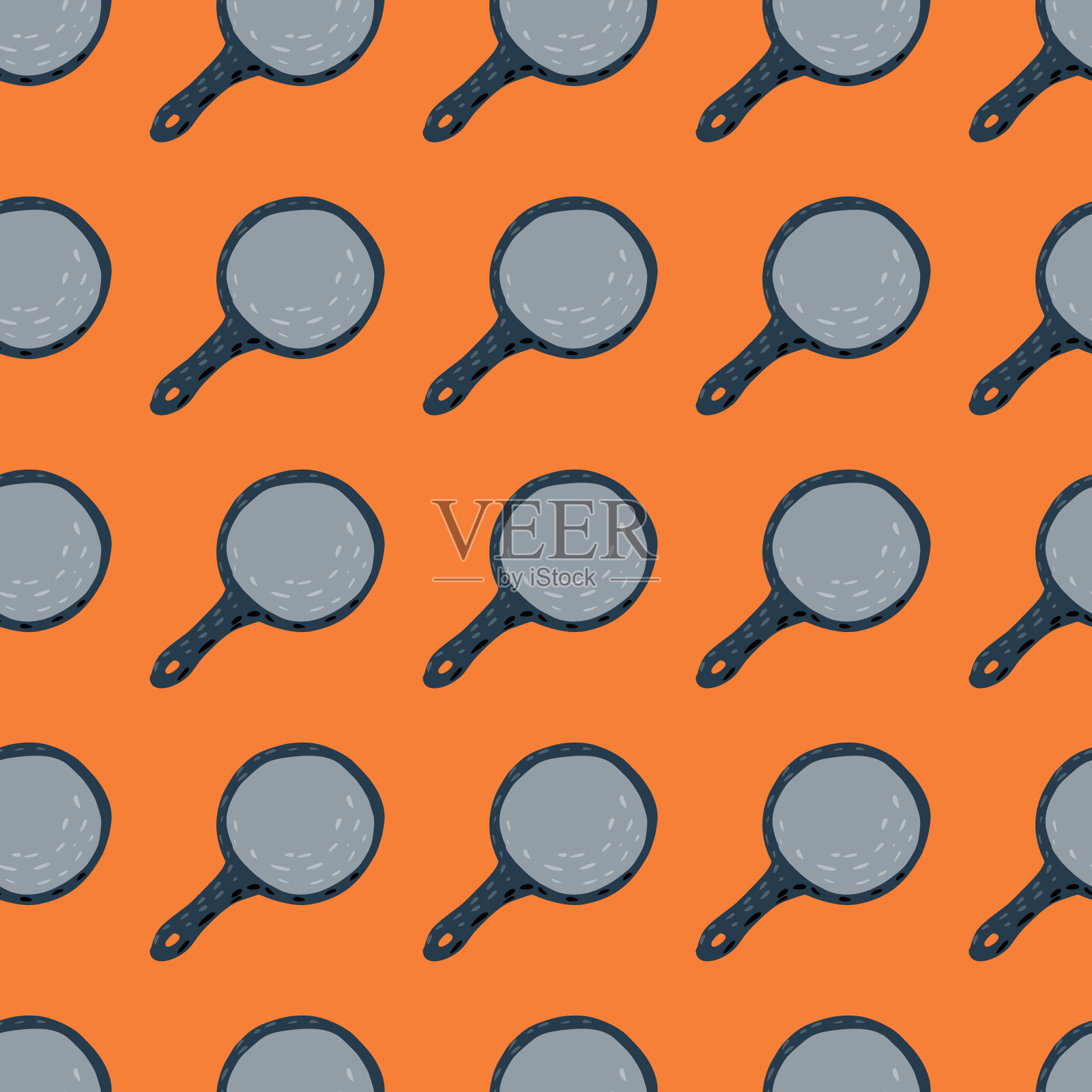 明亮的对比无缝厨房格局与平底锅的数字。餐具灰色元素上的橙色背景。弗莱dood艺术品。插画图片素材