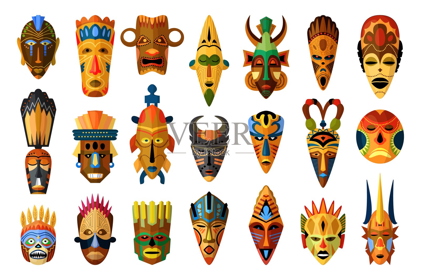 非洲面具设置孤立的白色背景设计元素图片