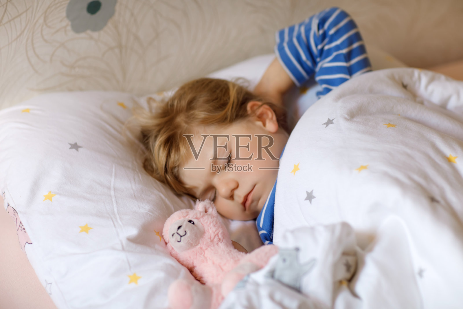 可爱的小女孩和心爱的毛绒玩具喇嘛睡在床上。可爱的宝宝做梦，健康的孩子白天睡觉。照片摄影图片