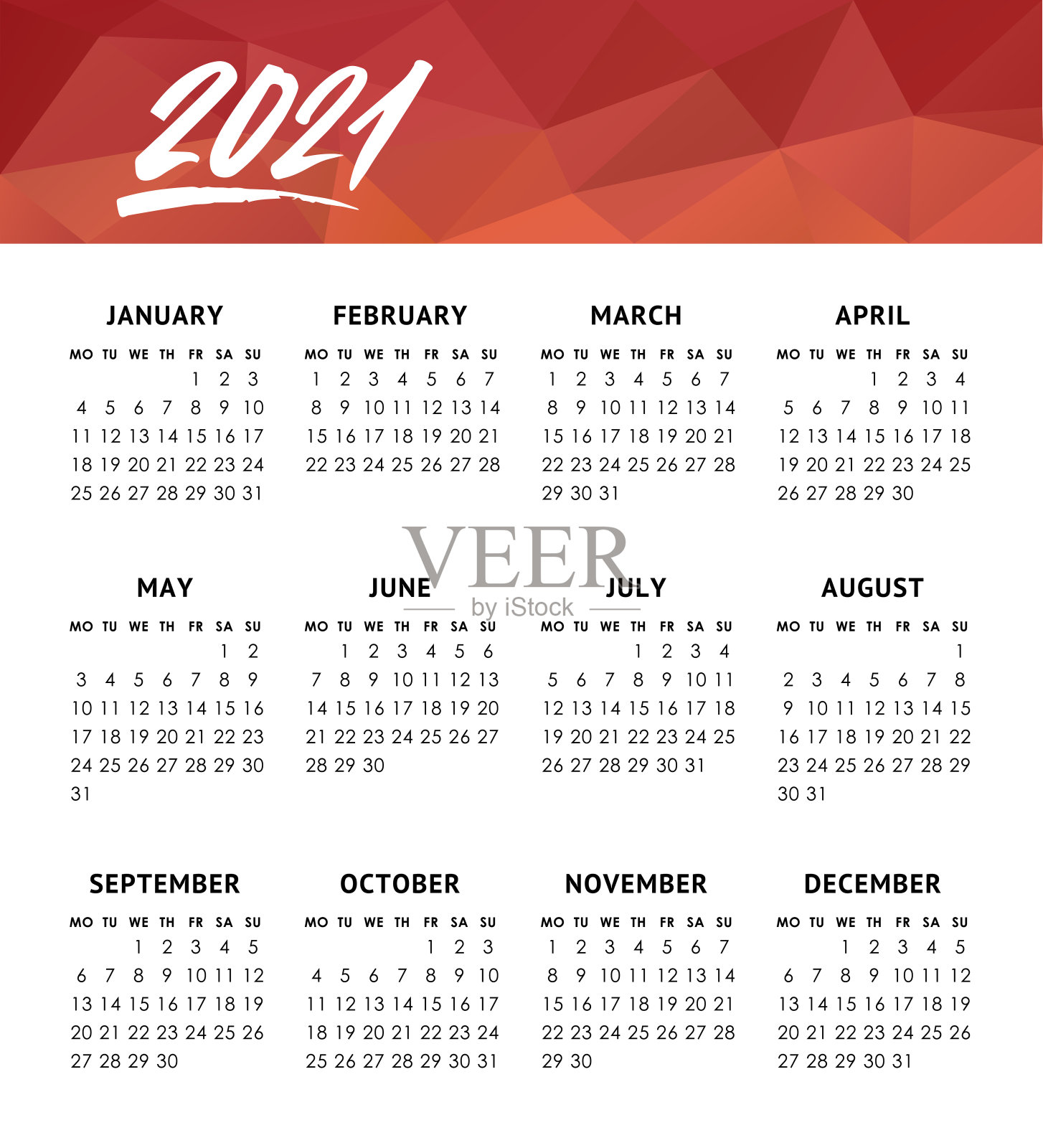 矢量日历为2021年。一周星期一设计模板素材