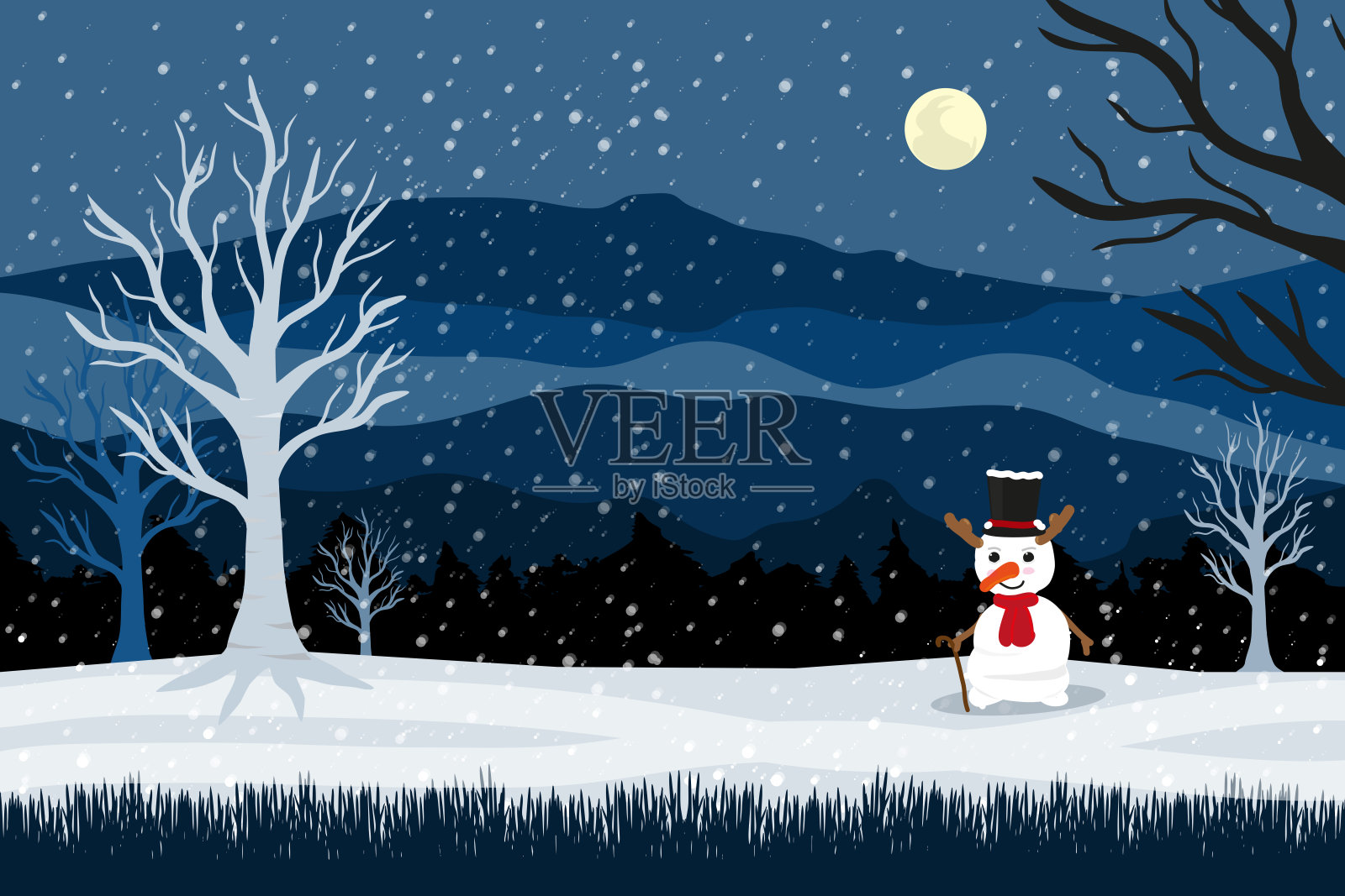 圣诞夜满月景观和问候雪人。圣诞卡模板与地方为您的文本。设计元素图片