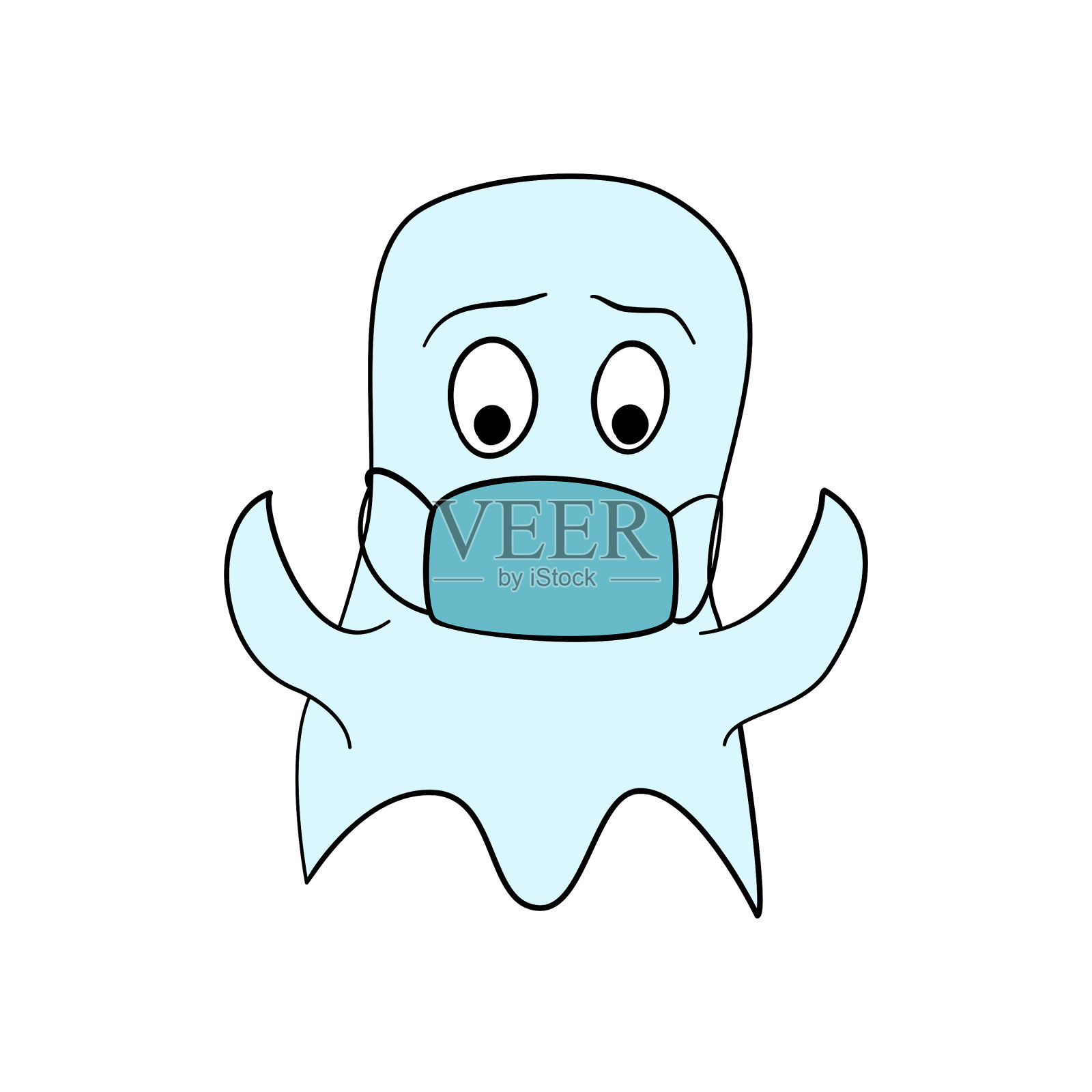滑稽的幽灵吉祥物和冠状病毒面具。疯狂绘制一个冠状病毒风格的蓝色万圣节精灵角色。插画图片素材
