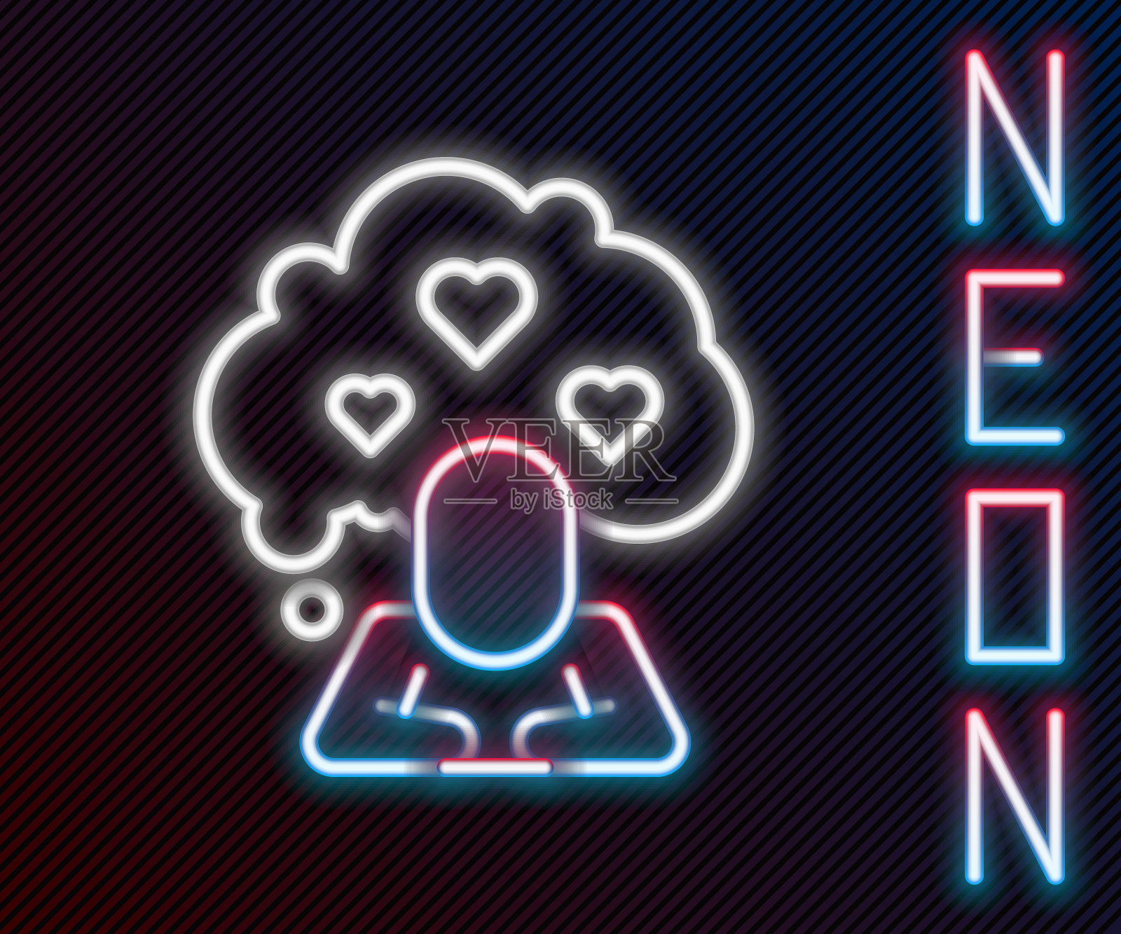 发光的霓虹灯线破碎的心或离婚图标孤立的黑色背景。爱的象征。情人节。彩色轮廓概念。向量插画图片素材