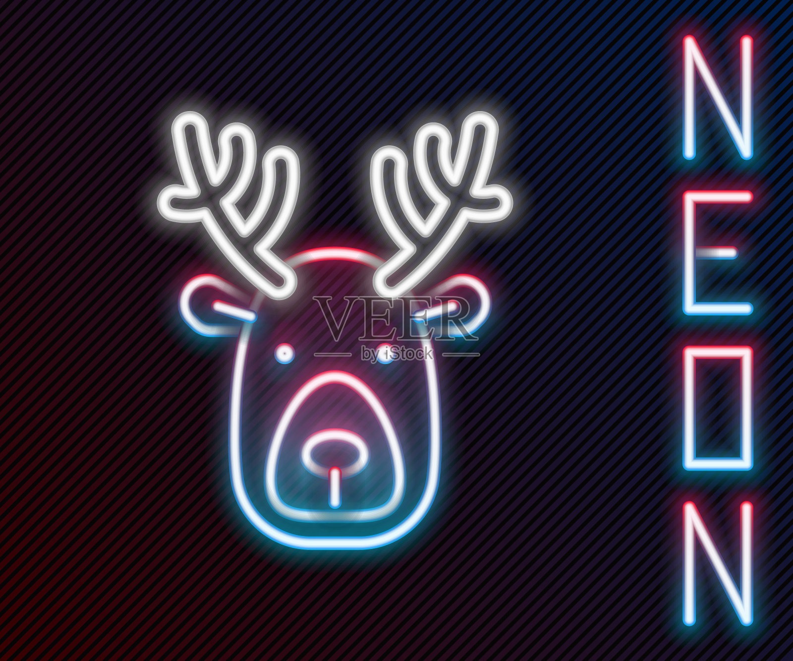 发光的霓虹灯线鹿头与鹿角图标孤立在黑色背景。色彩斑斓的轮廓的概念。向量插画图片素材