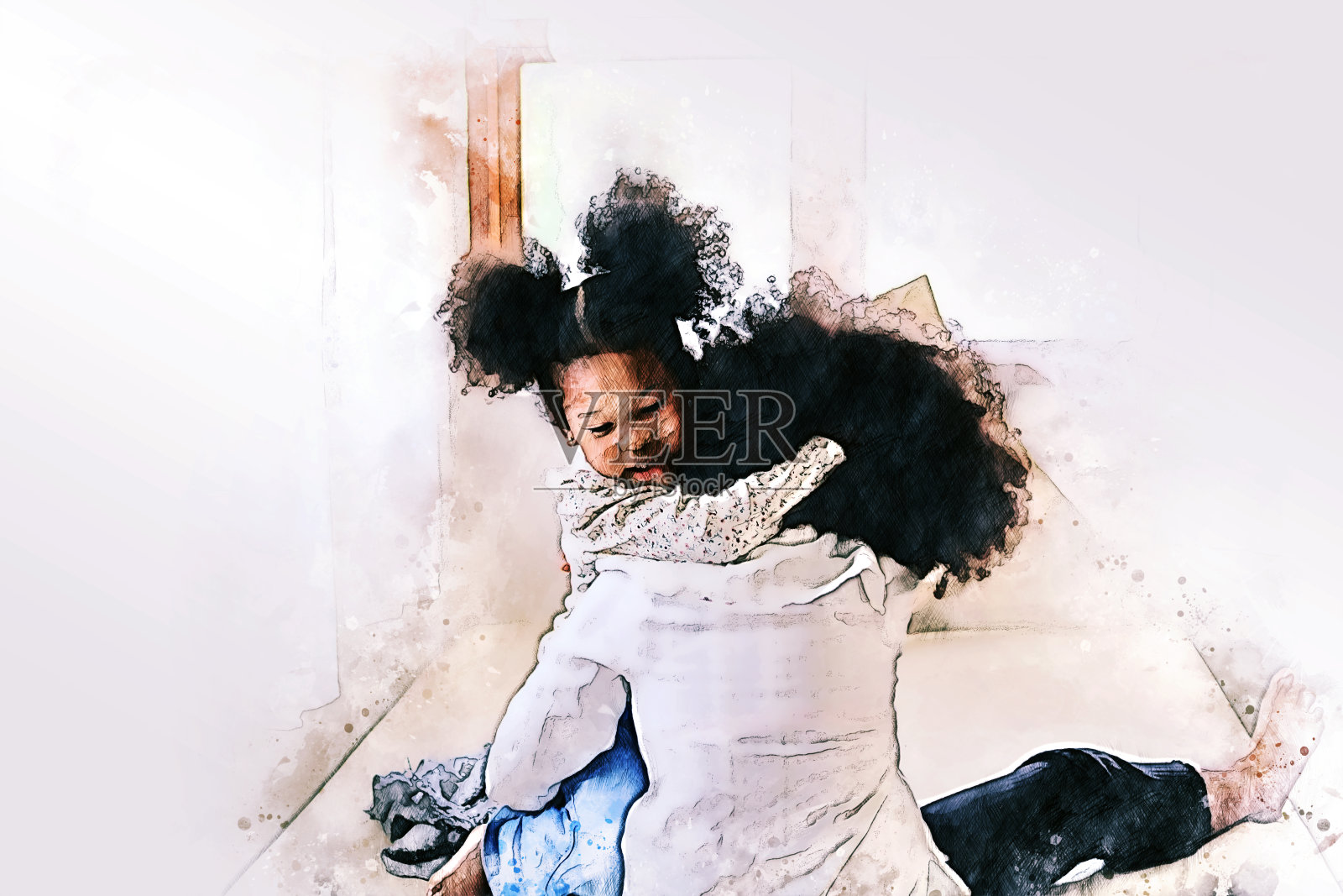 两个非洲女孩兄弟姐妹在卧室里玩得很开心，在水彩插画的背景上互相取笑。插画图片素材