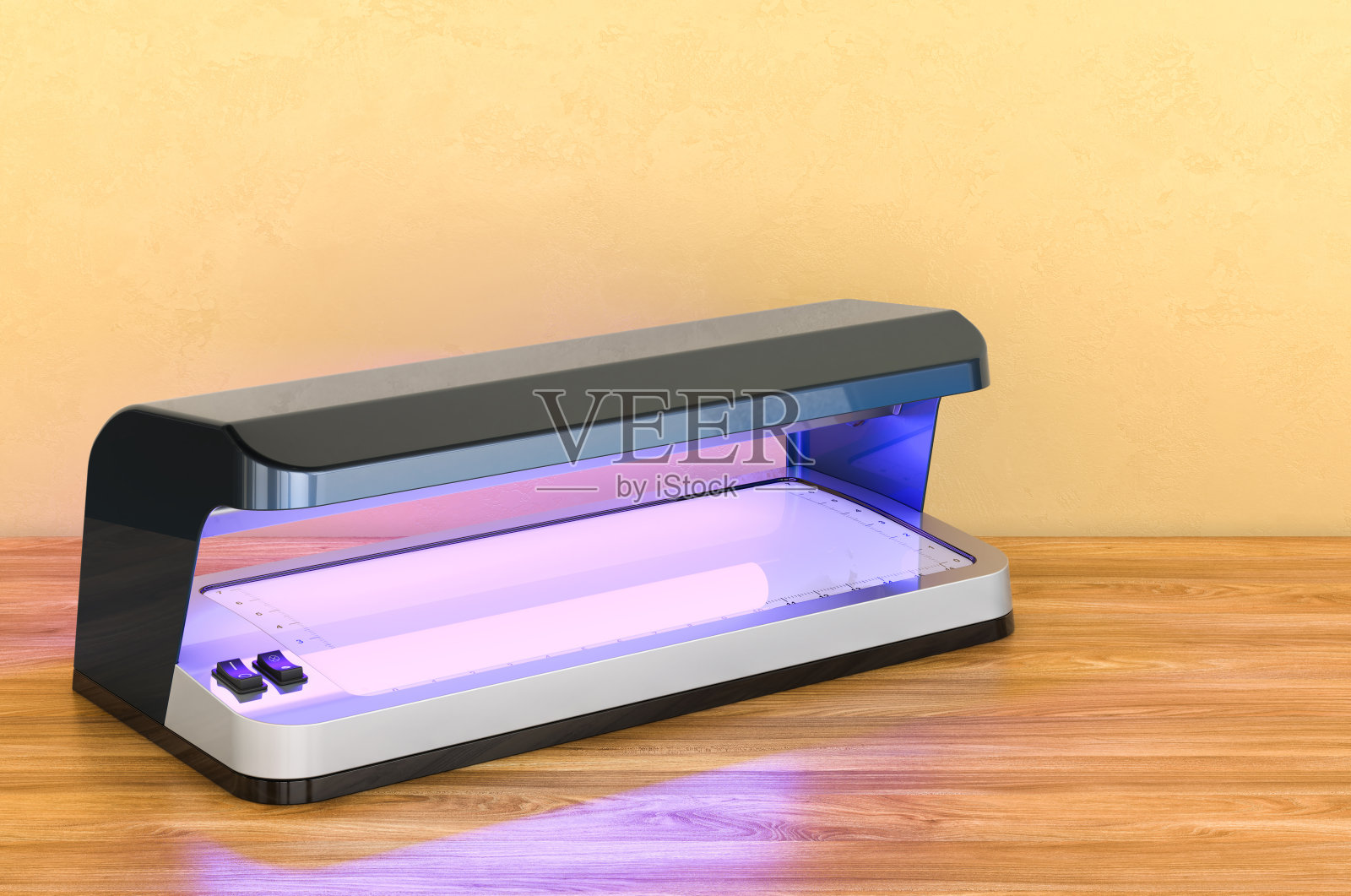 验钞机，验钞机放在木桌上。三维渲染照片摄影图片