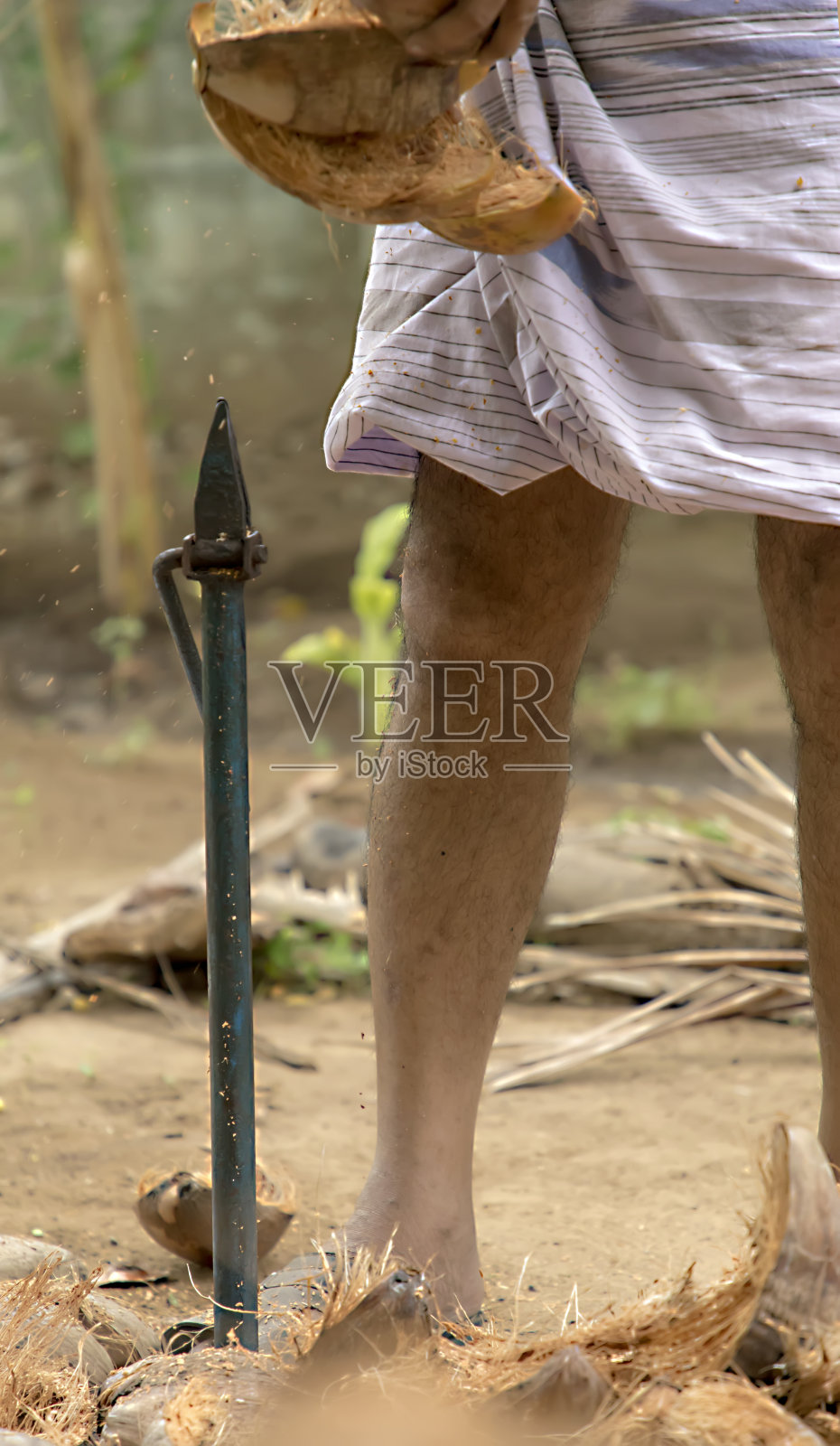 去除椰子壳的工具，自然背景照片摄影图片