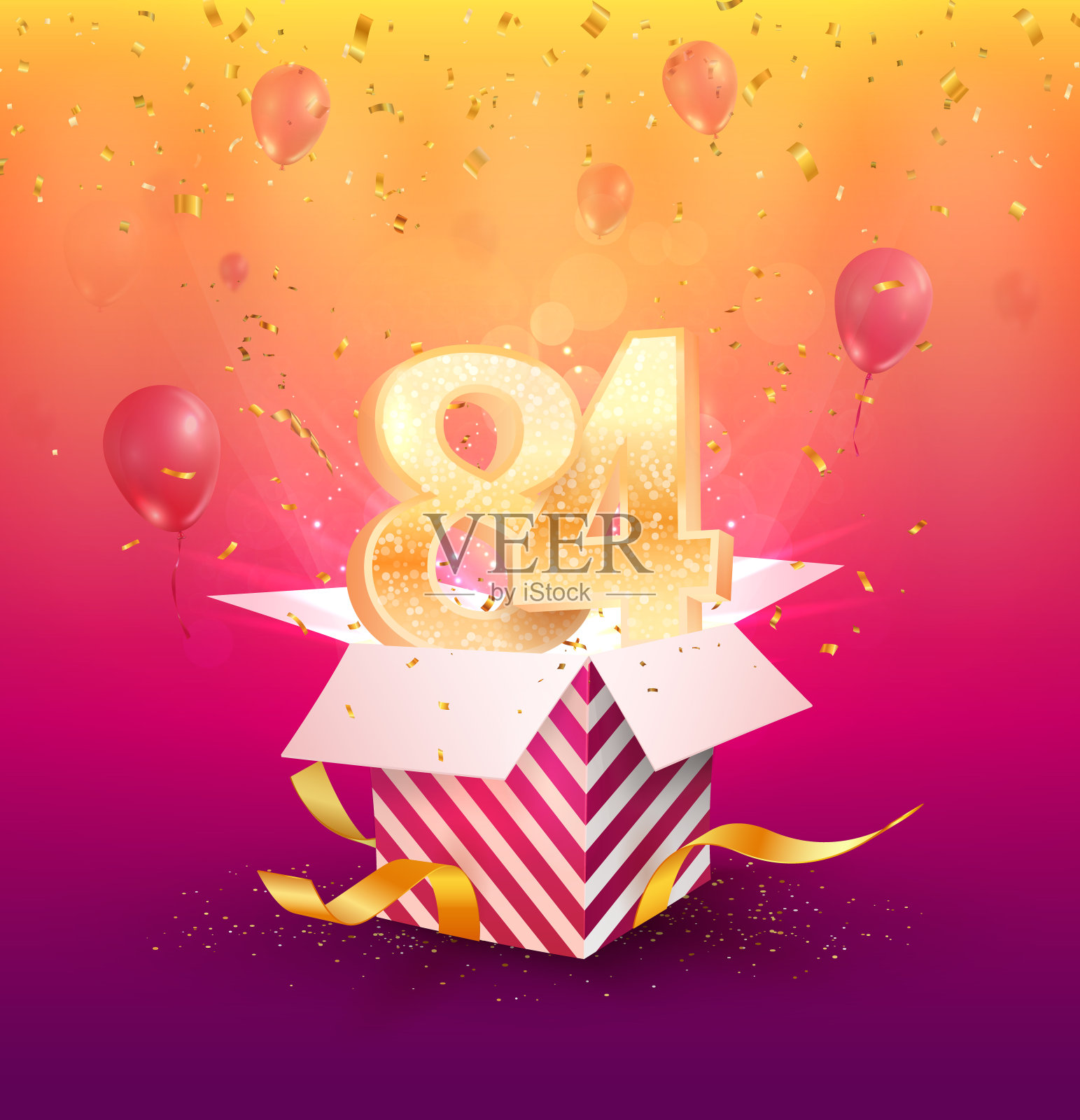 84周年矢量设计元素。孤立的84周年纪念与礼品盒，气球和五彩缤纷的背景纸屑。插画图片素材