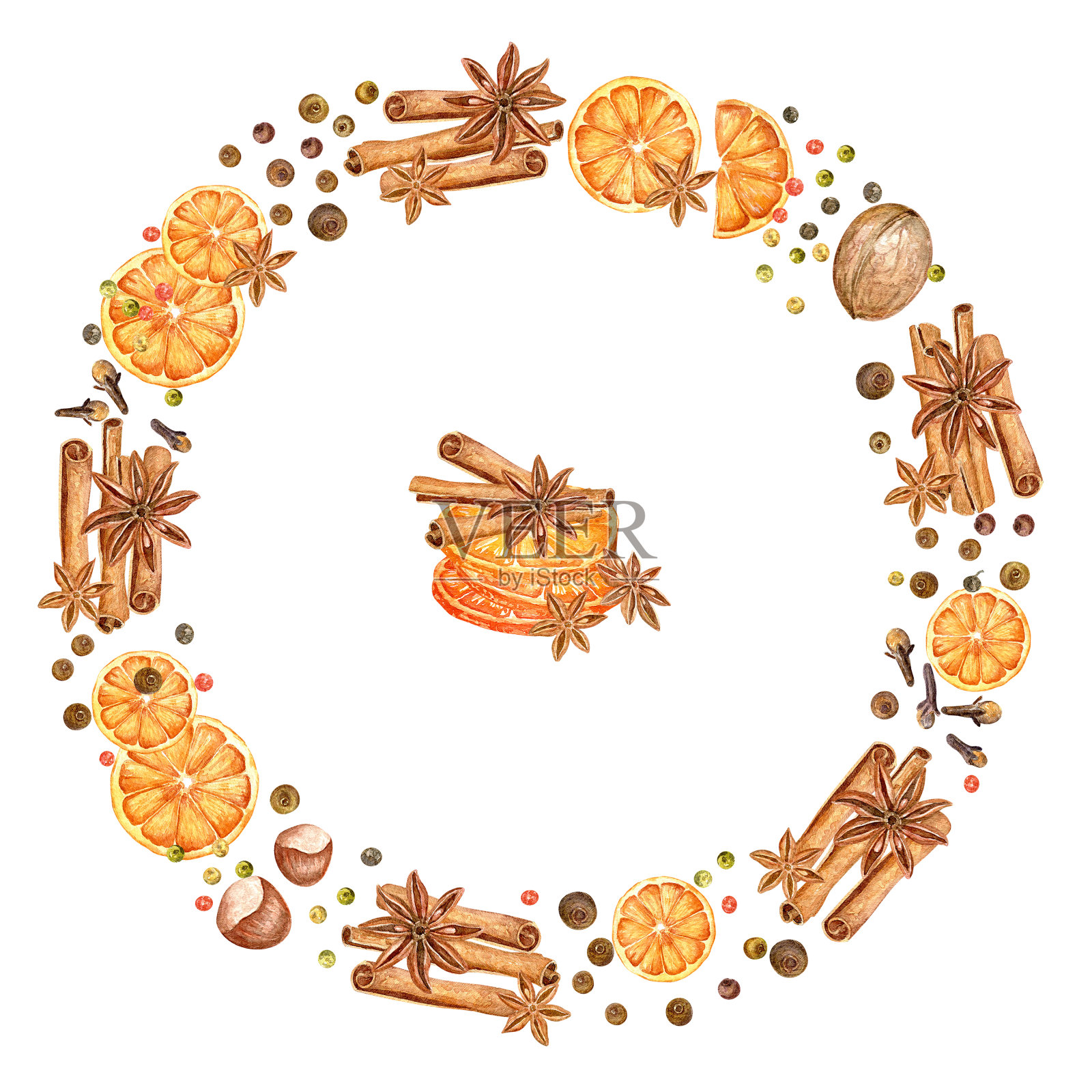 圣诞花环水彩桔子，八角星，胡椒和肉桂棒。圣诞节的背景。插画图片素材
