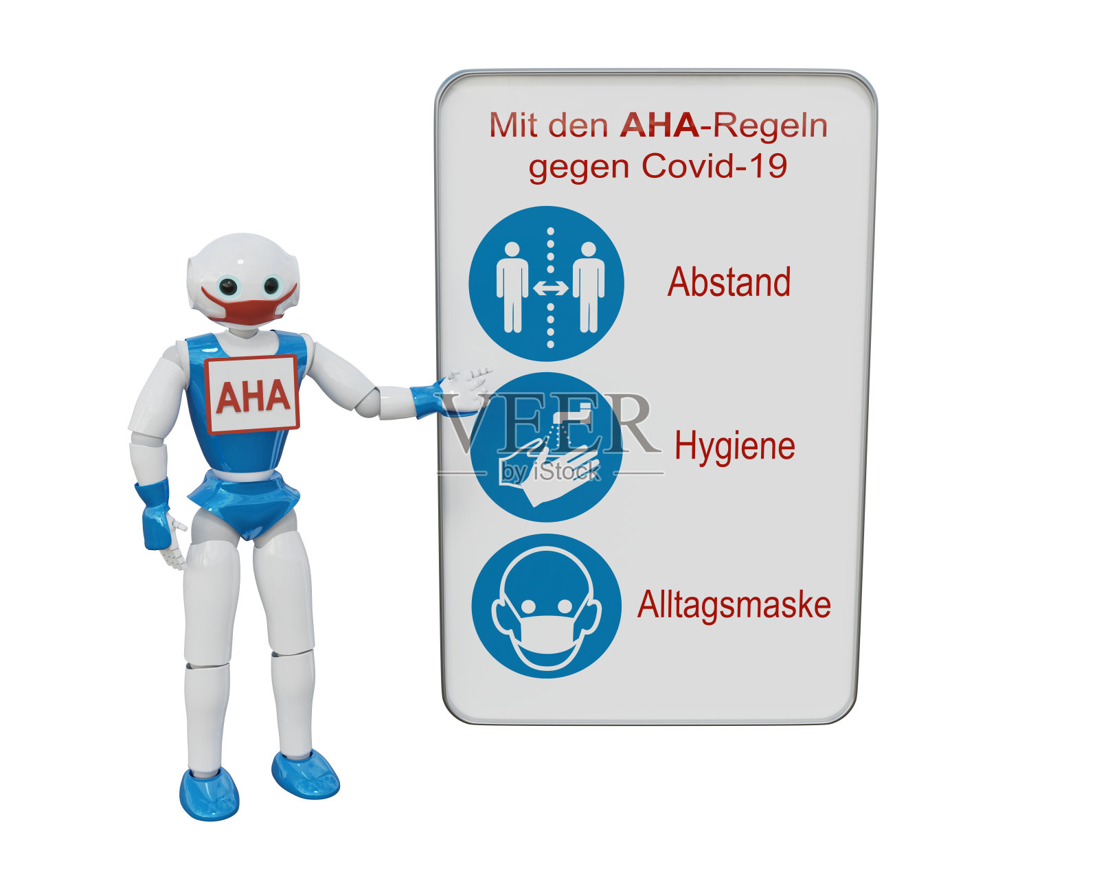机器人指着AHA禁止Corona的标识照片摄影图片