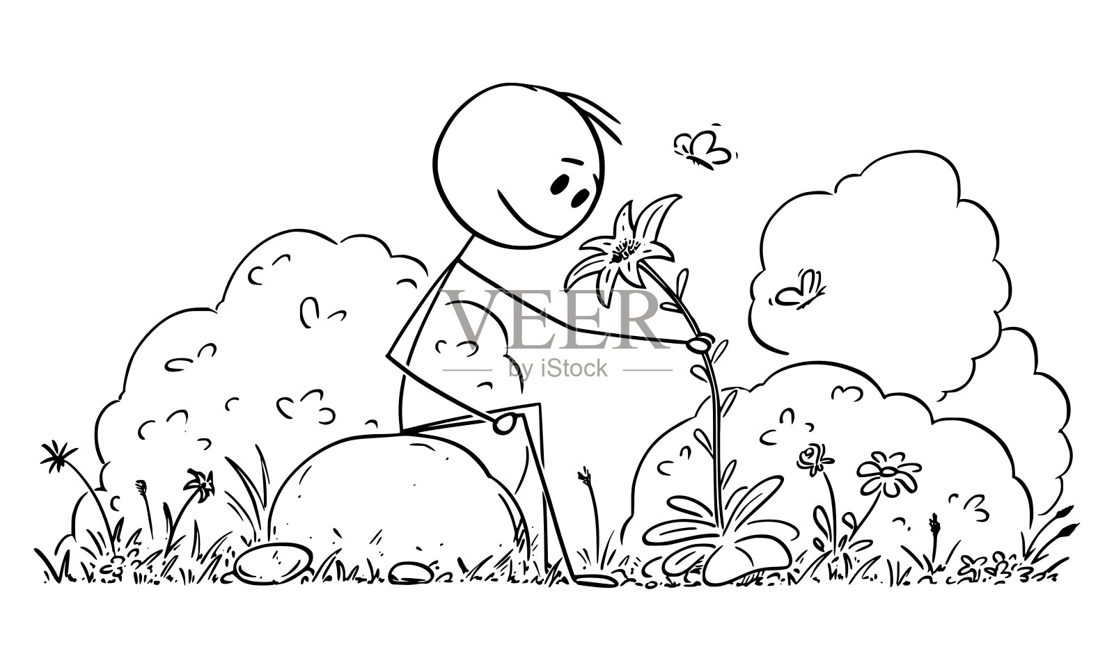 矢量卡通插图的人坐在安静的自然周围的树，花和蝴蝶。插画图片素材