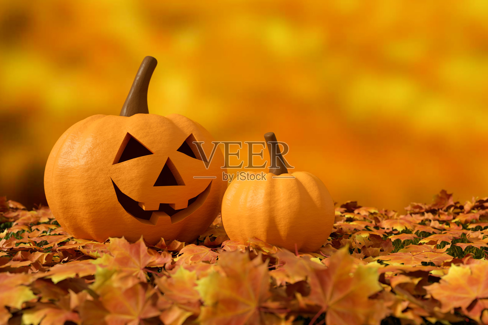 3D南瓜万圣节与幽灵的脸，杰克O'灯笼，秋天的背景照片摄影图片