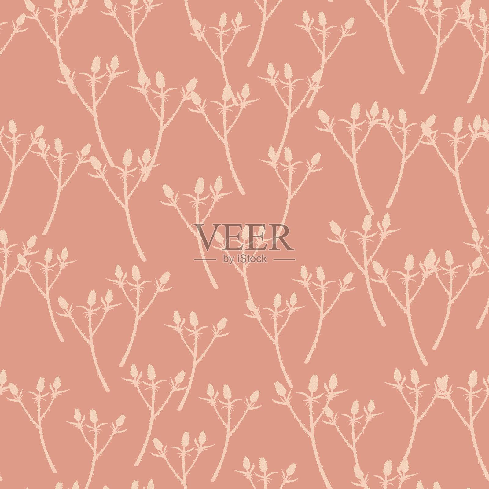 随机苍白无缝隙刺枝图案。植物风格，轻装饰和柔和的粉红色背景。插画图片素材